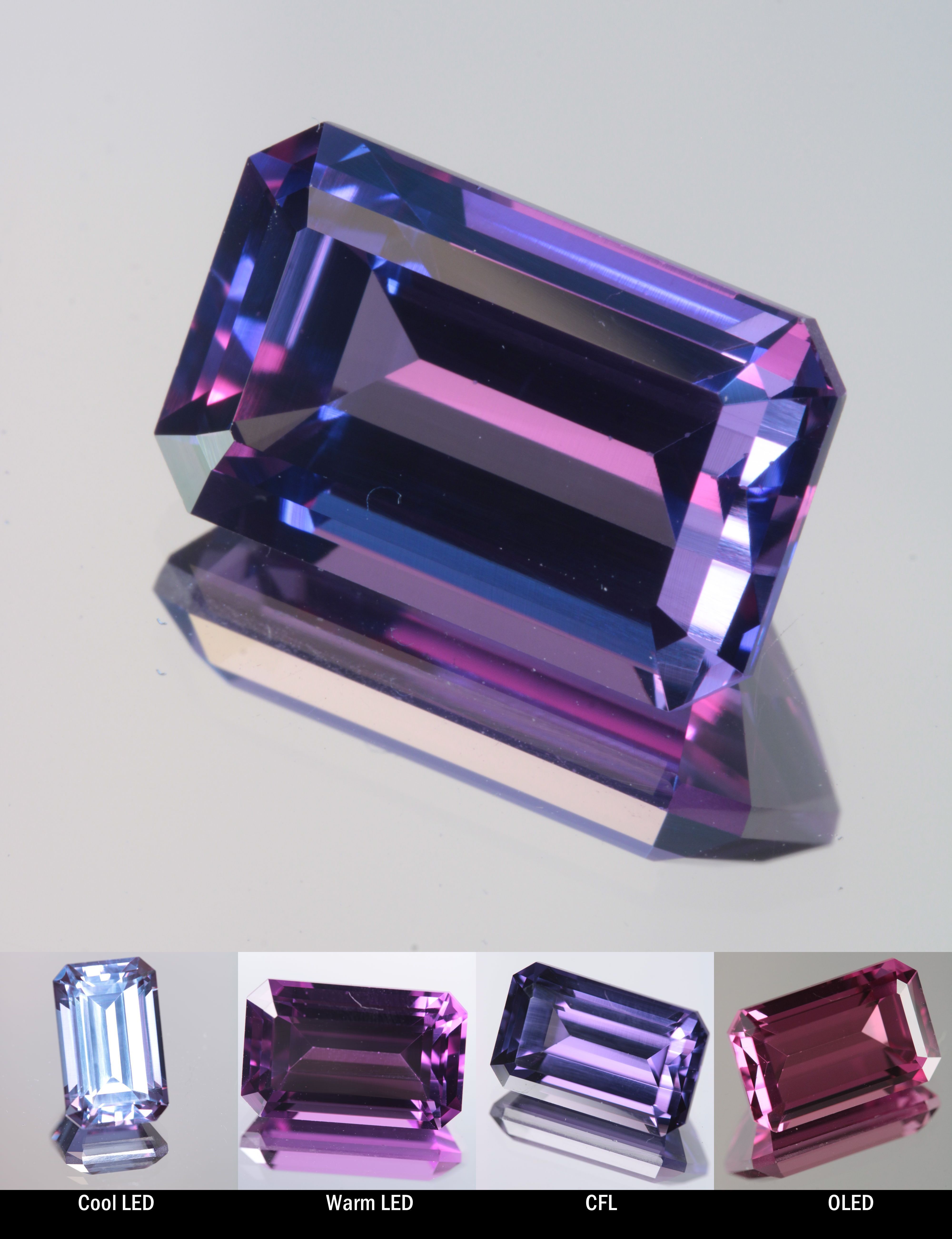 Faceted Color Change Sapphire Rectangle Cut Stone, showing different color changes under Cool LED, Warm LED, CFL, and OLED lighting