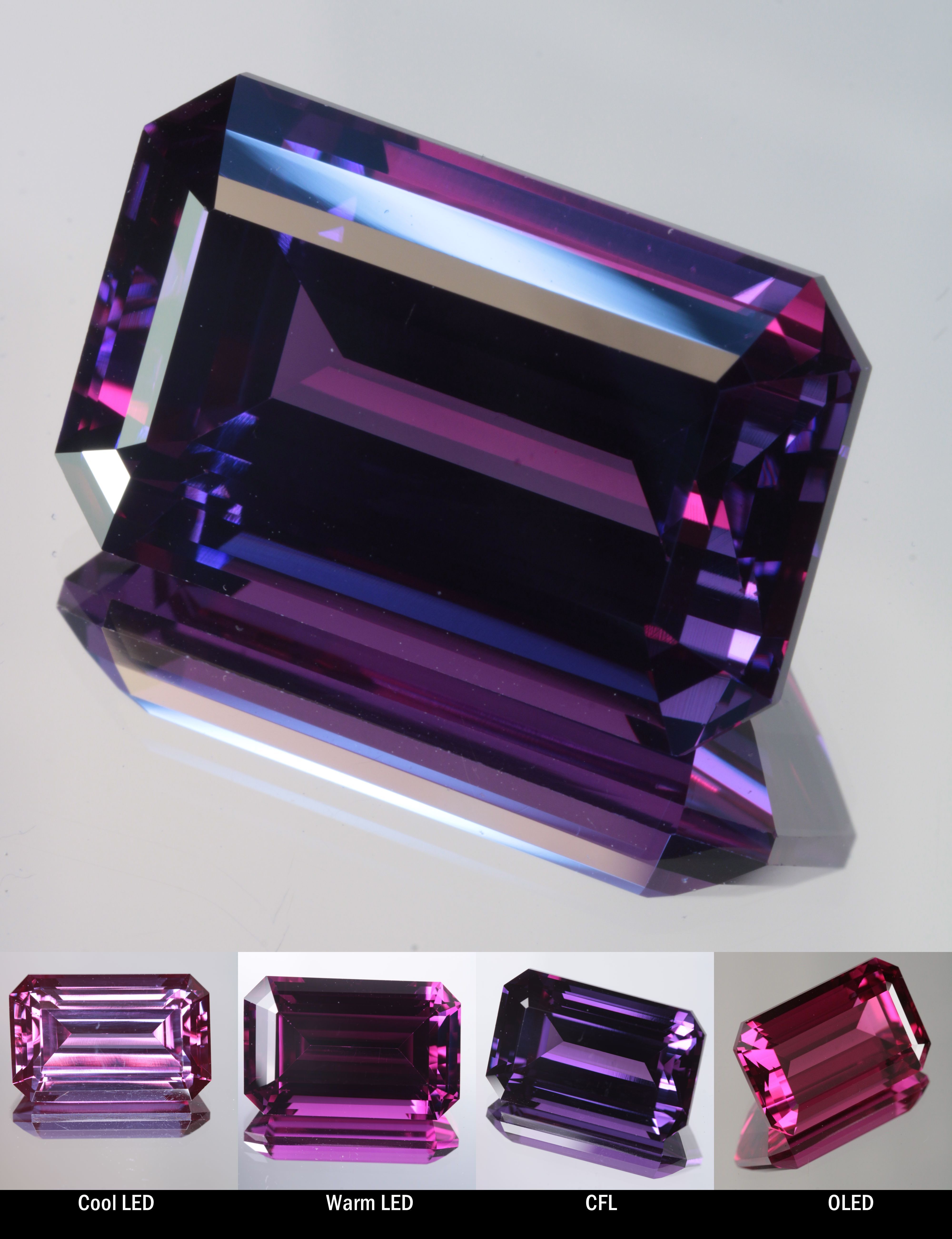Faceted Color Change Sapphire Rectangle Cut Stone, showing different color changes under Cool LED, Warm LED, CFL, and OLED lighting