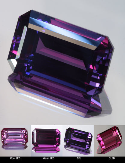 Faceted Color Change Sapphire Rectangle Cut Stone, showing different color changes under Cool LED, Warm LED, CFL, and OLED lighting