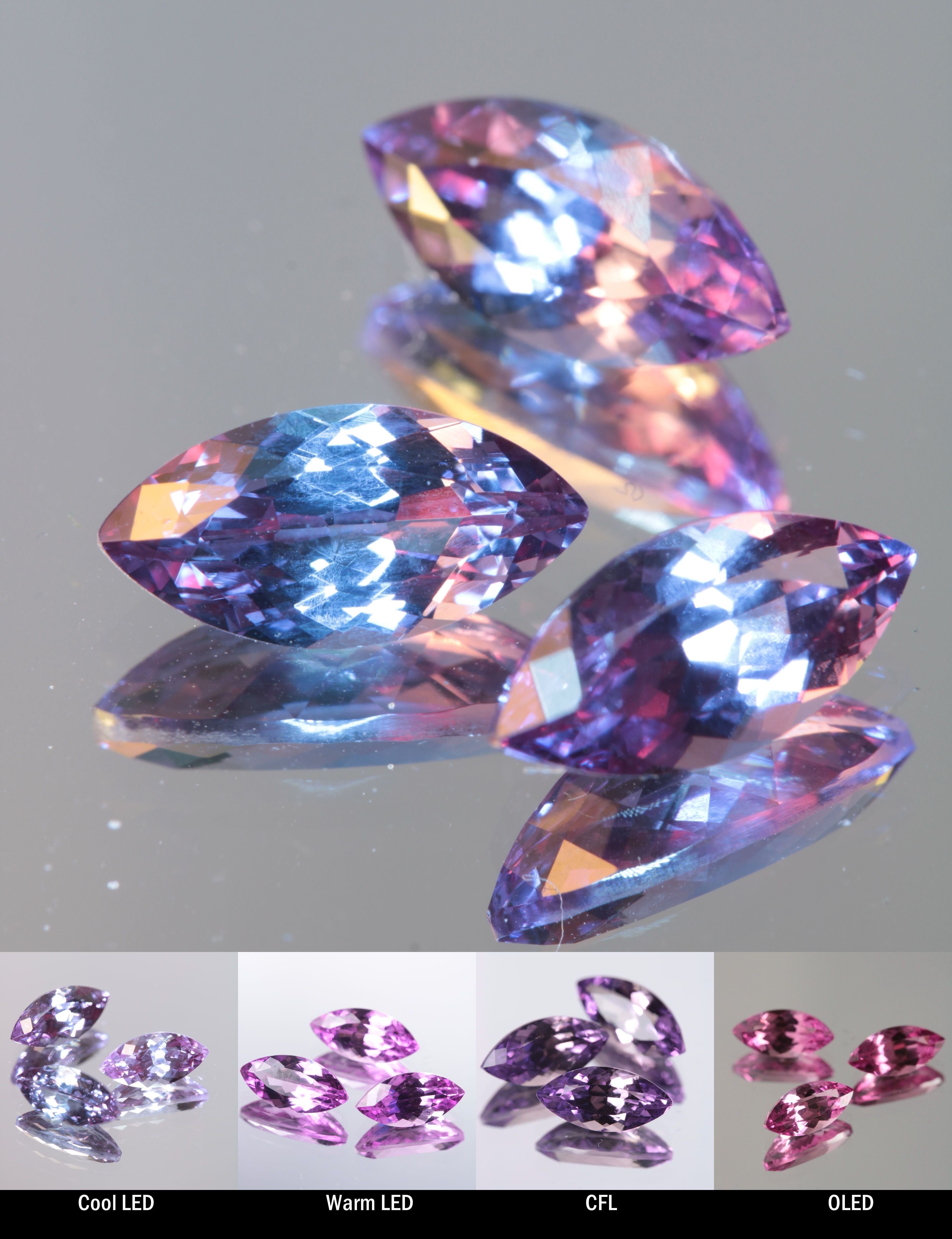 Faceted Color Change Sapphire Darker Marquise Cut Stone, showing different color changes under Cool LED, Warm LED, CFL, and OLED lighting