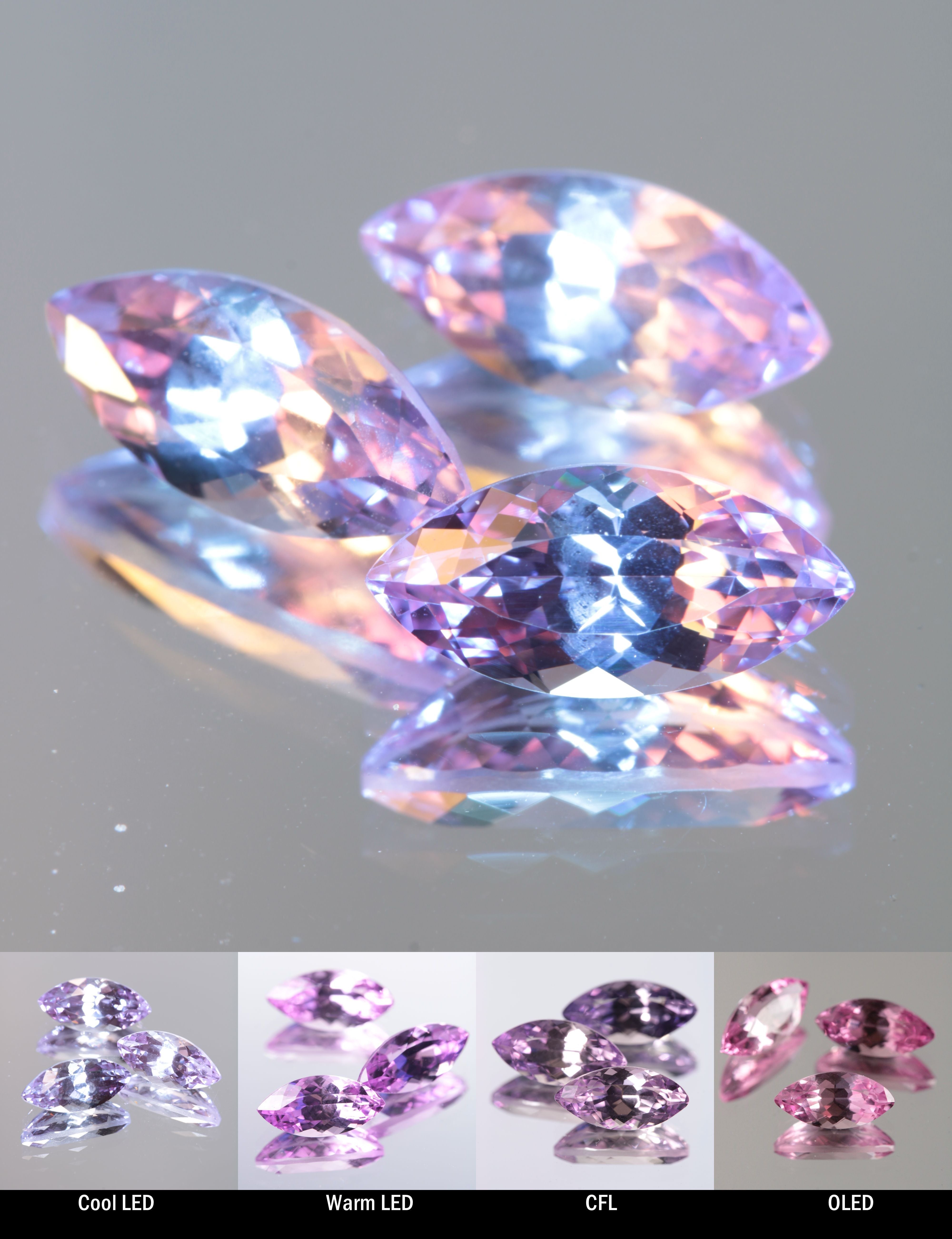 Faceted Color Change Sapphire Lighter Marquise Cut Stone, showing different color changes under Cool LED, Warm LED, CFL, and OLED lighting
