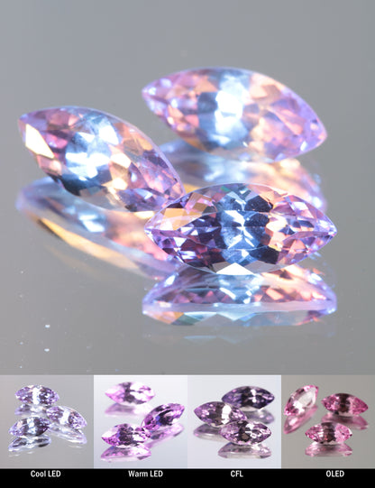 Faceted Color Change Sapphire Lighter Marquise Cut Stone, showing different color changes under Cool LED, Warm LED, CFL, and OLED lighting