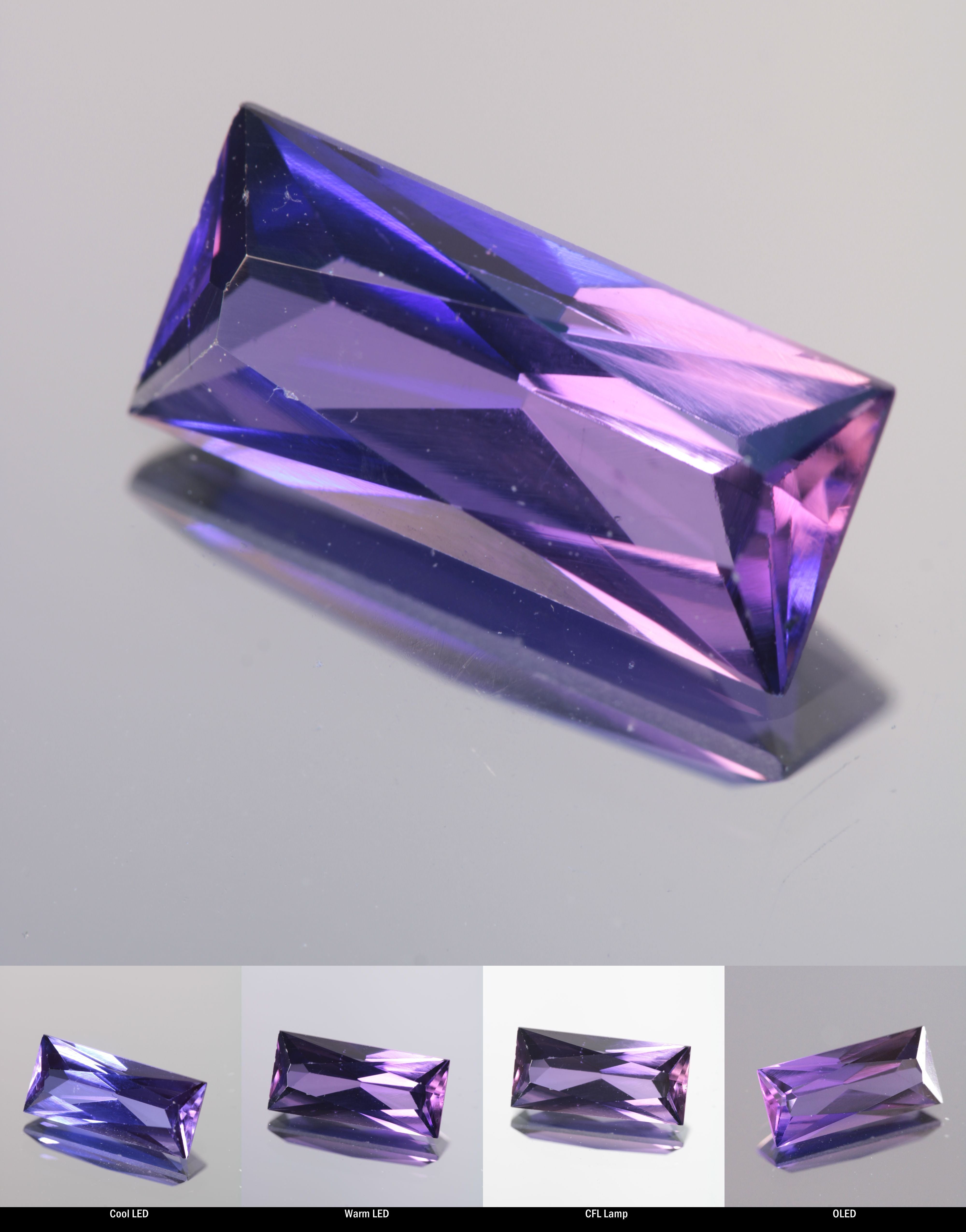 Faceted Purple Color Change Sapphire Rectangle (Worn) Cut Stone, showing different color changes under Cool LED, Warm LED, CFL, and OLED lighting