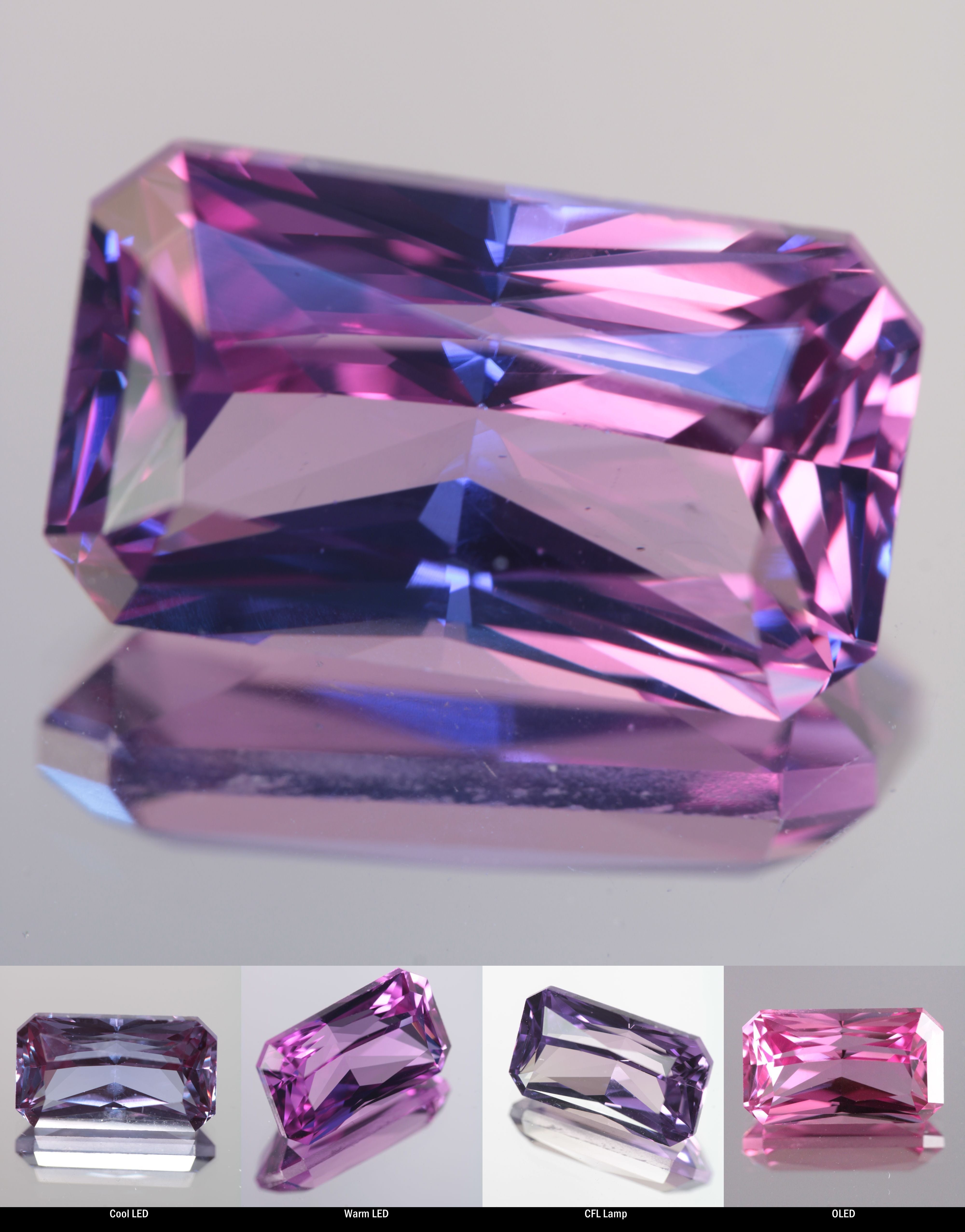 Faceted Purple Color Change Sapphire Rectangular Cushion Cut Stone, showing different color changes under Cool LED, Warm LED, CFL, and OLED lighting