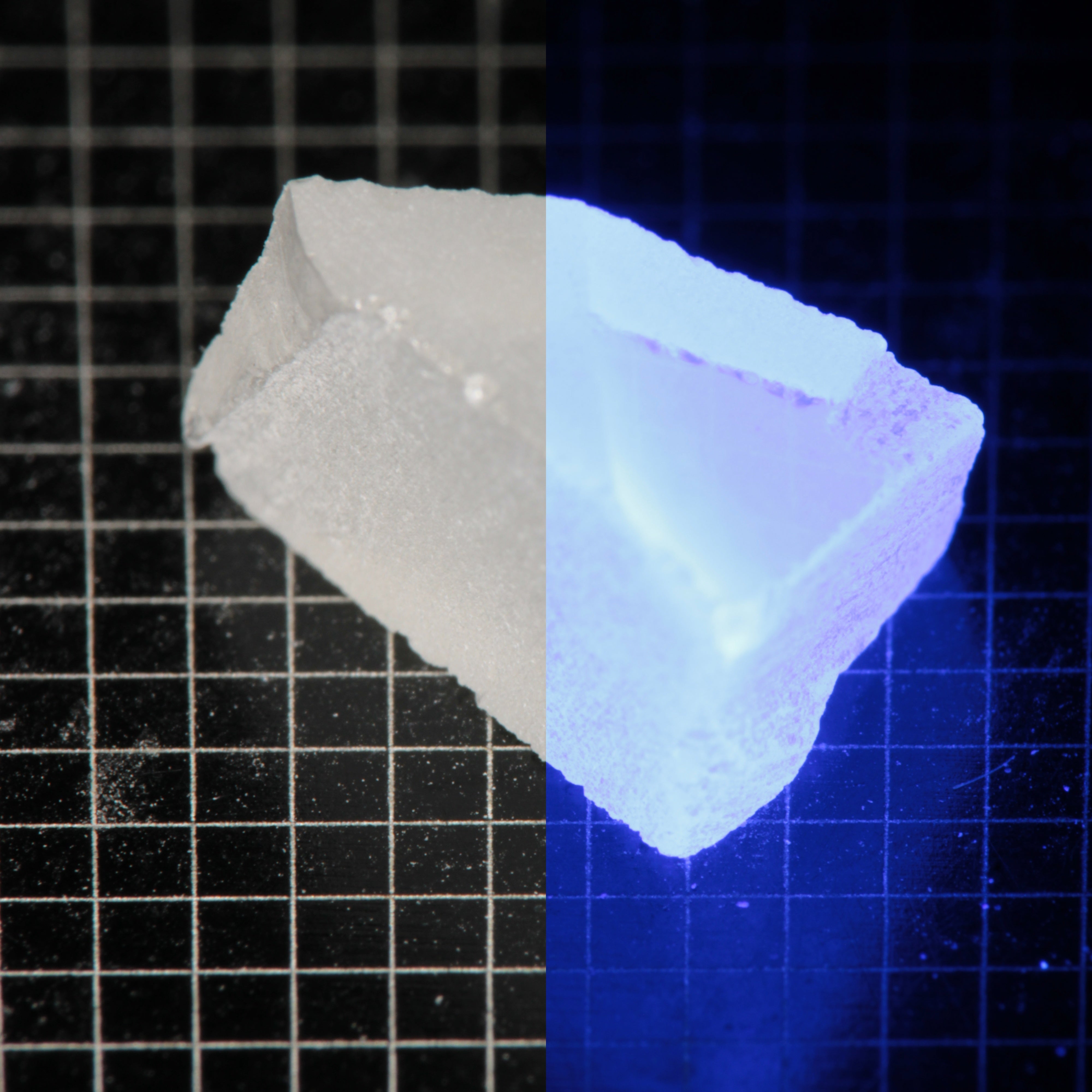 Wedge of LSO Gem Rough on a dark background, split between normal light (left) and UV (right) to show blue fluorescent glow.