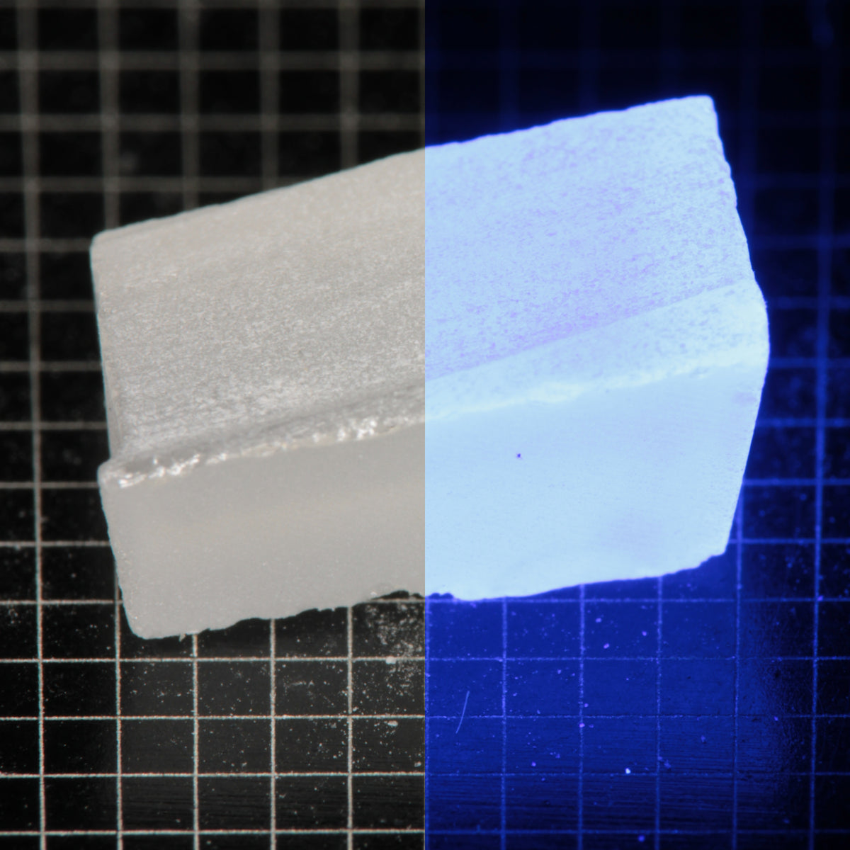 Block of LSO Gem Rough on a dark background, split between normal light (left) and UV (right) to show blue fluorescent glow.