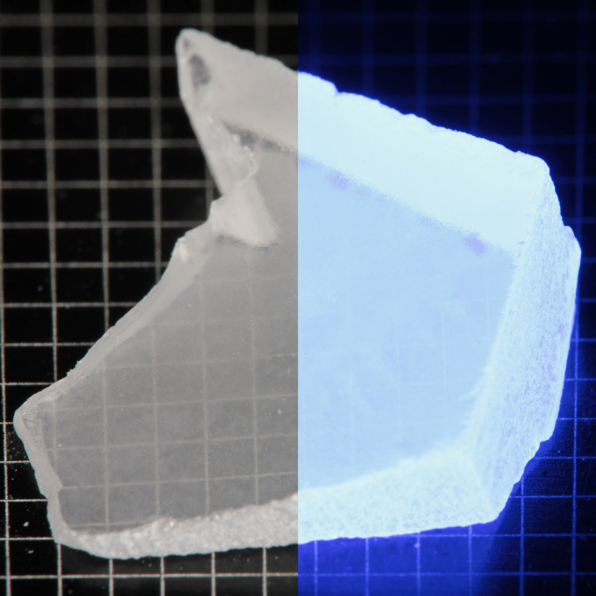 Thin Shard of LSO Gem Rough on a dark background, split between normal light (left) and UV (right) to show blue fluorescent glow.