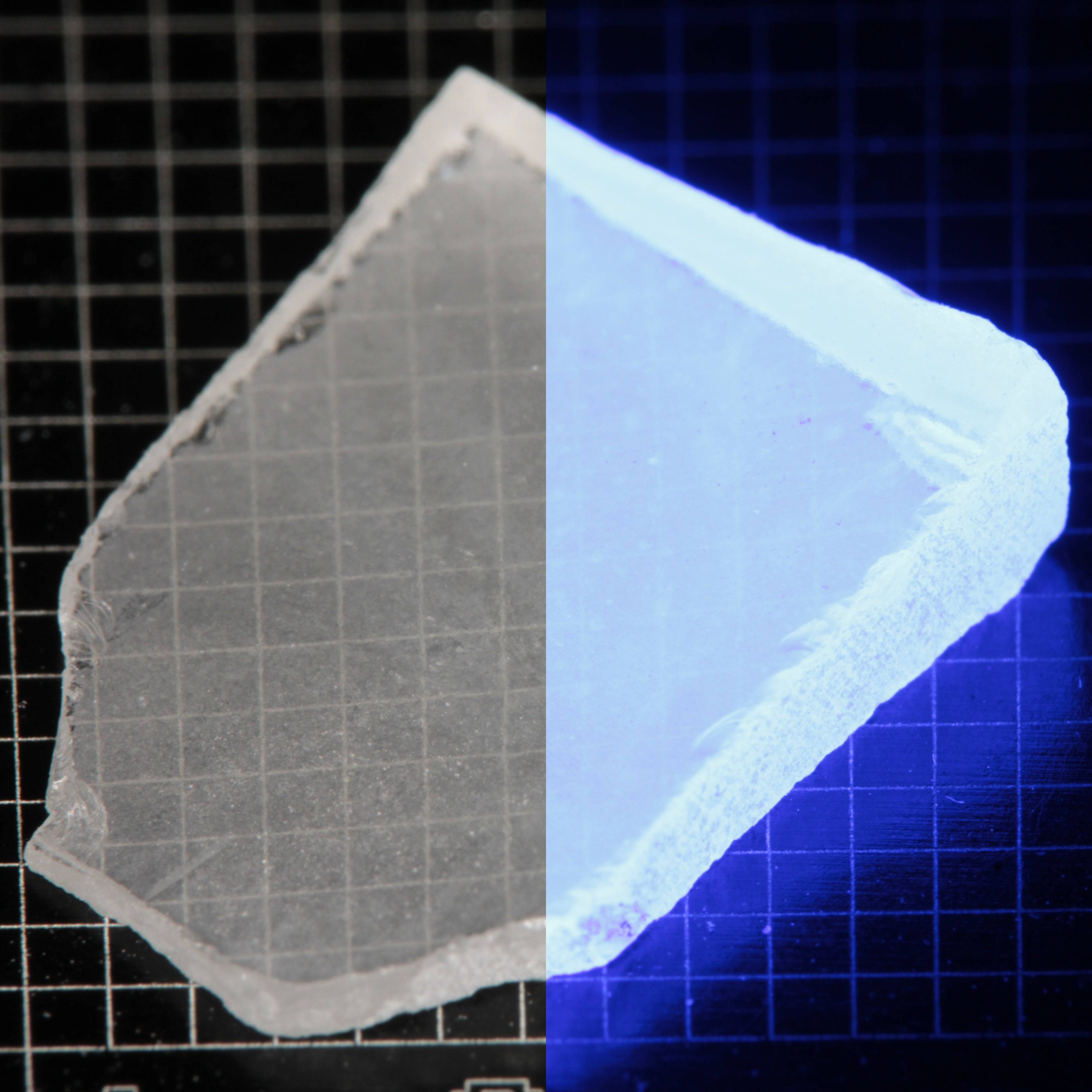 Thin Shard of LSO Gem Rough on a dark background, split between normal light (left) and UV (right) to show blue fluorescent glow.