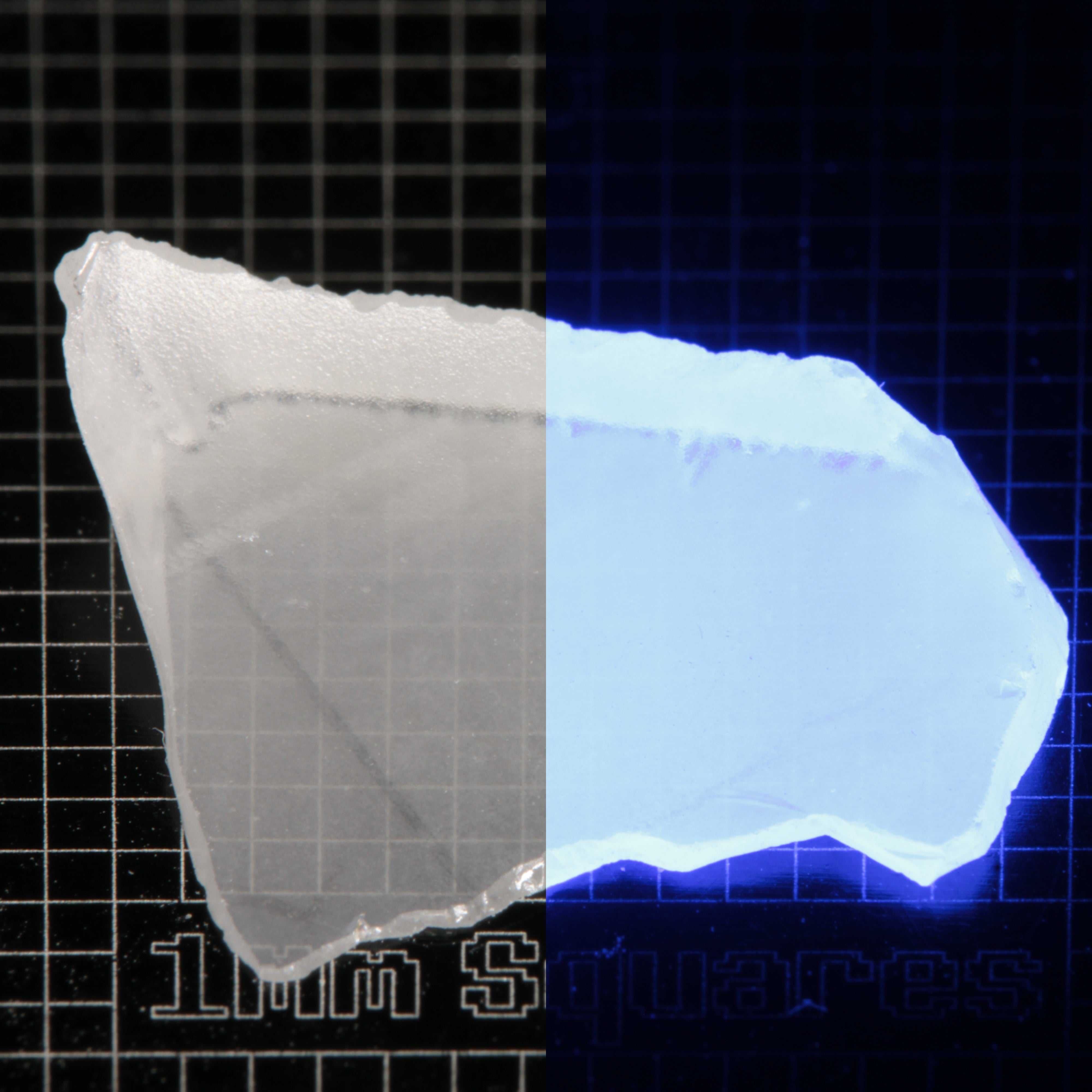 Thin Shard of LSO Gem Rough on a dark background, split between normal light (left) and UV (right) to show blue fluorescent glow.