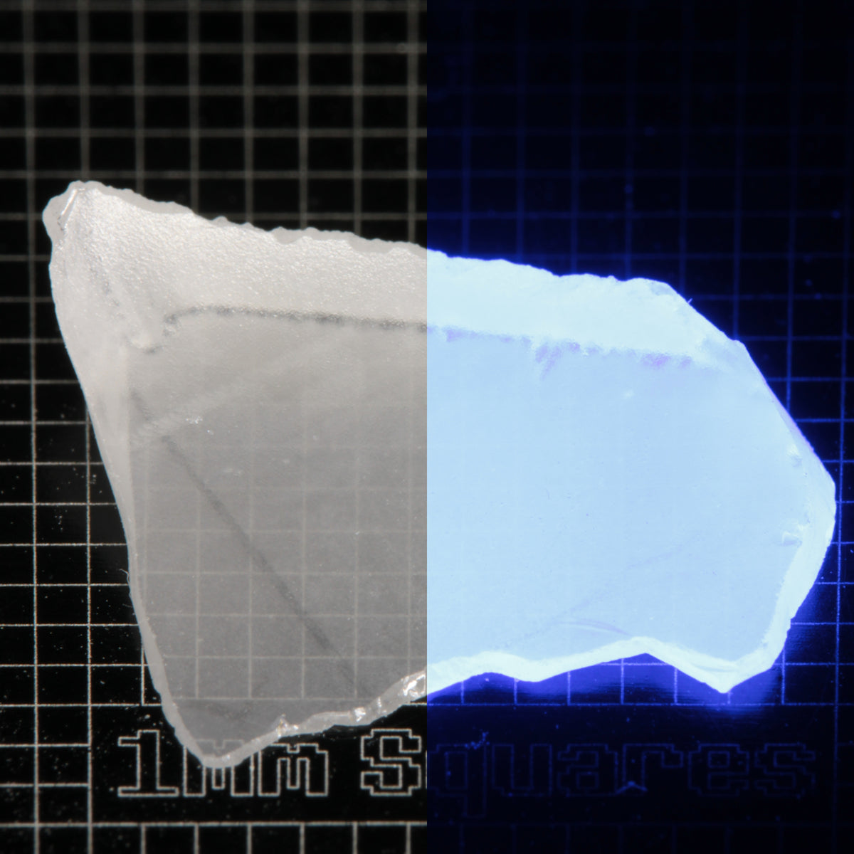 Thin Shard of LSO Gem Rough on a dark background, split between normal light (left) and UV (right) to show blue fluorescent glow.