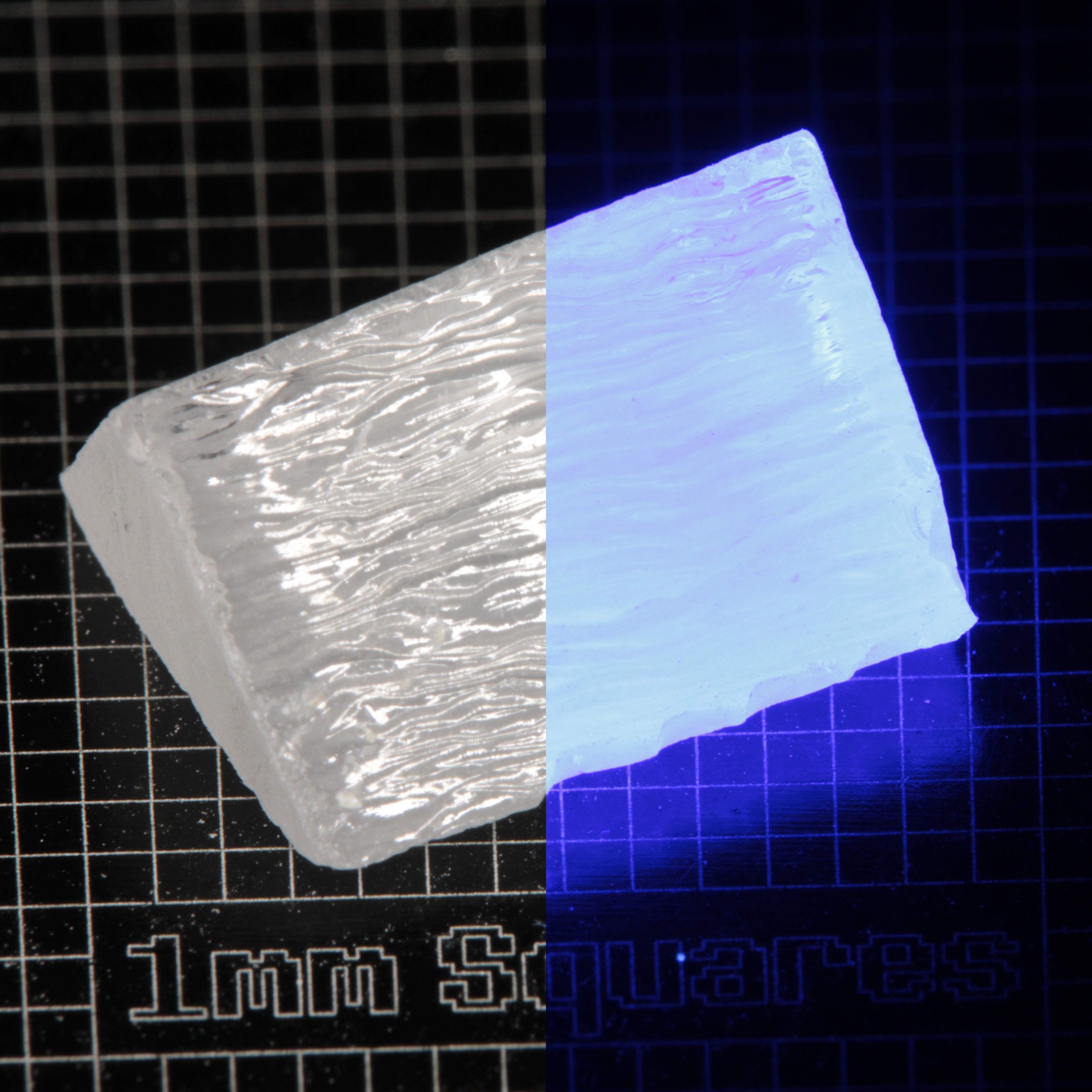 Wedge of LSO Gem Rough on a dark background, split between normal light (left) and UV (right) to show blue fluorescent glow.