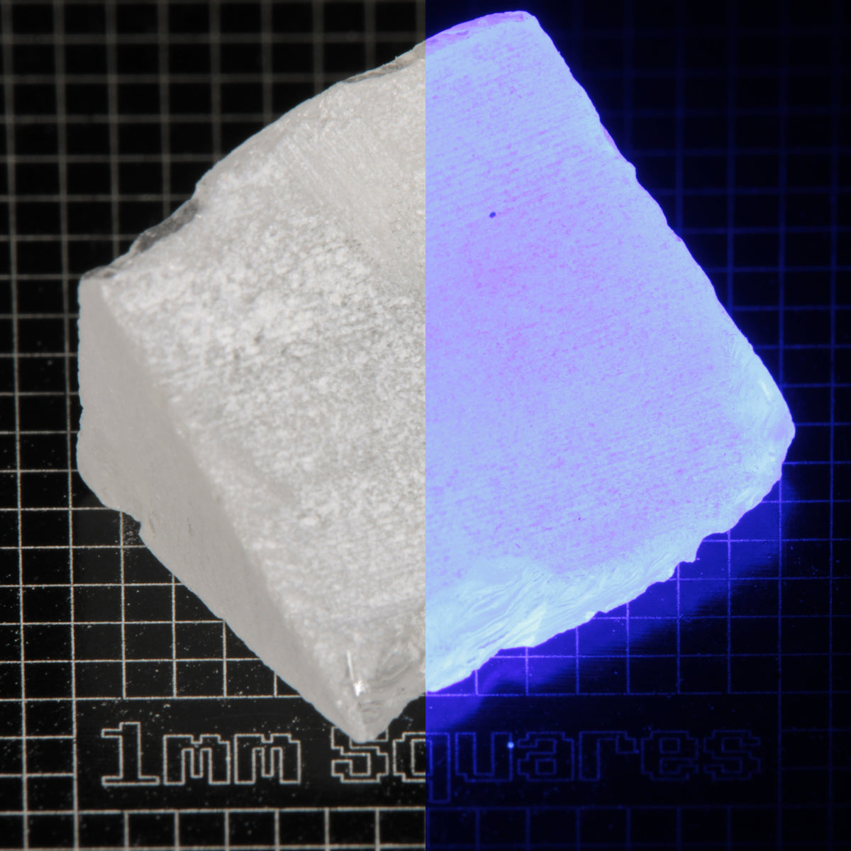 Wedge of LSO Gem Rough on a dark background, split between normal light (left) and UV (right) to show blue fluorescent glow.