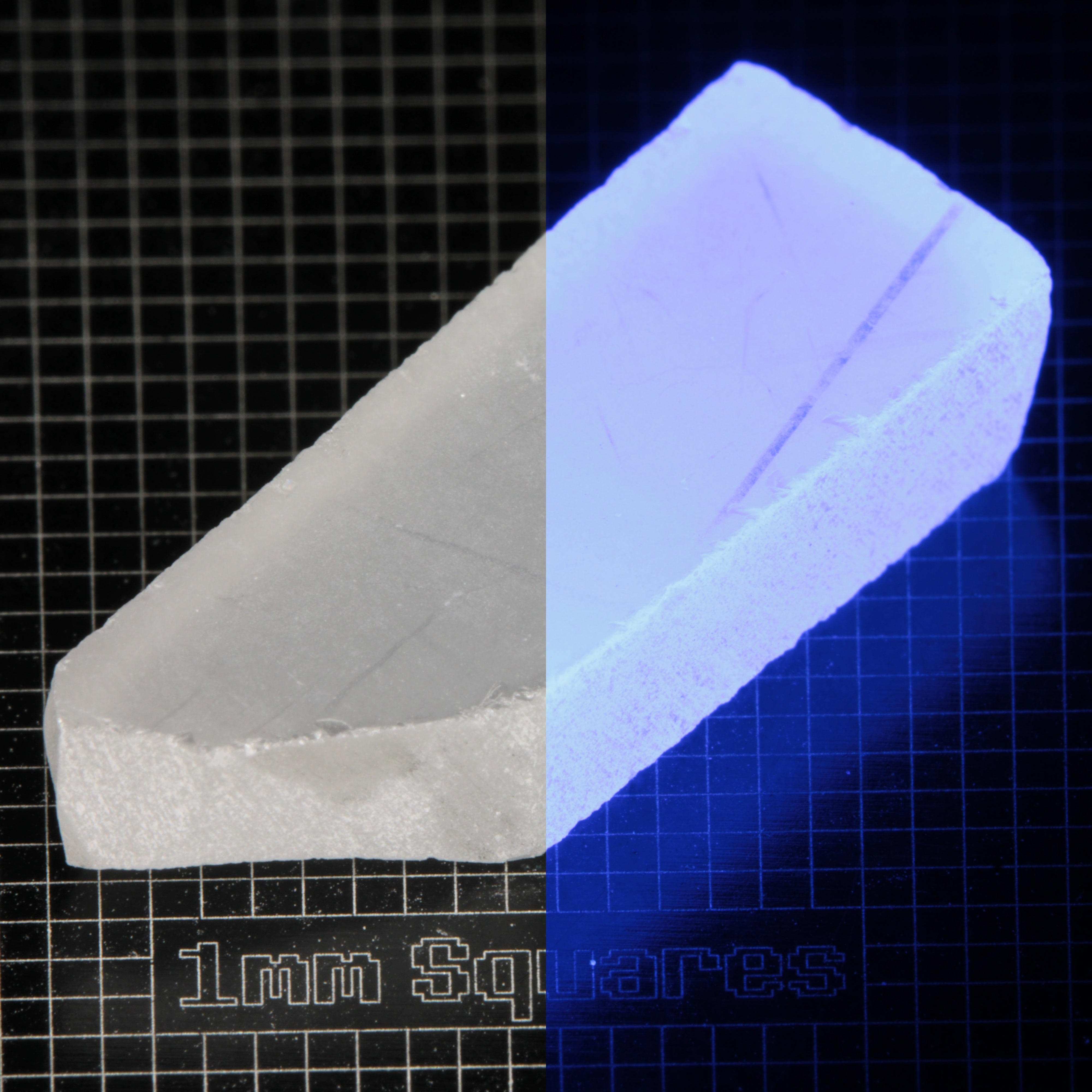 Thin Block of LSO Gem Rough on a dark background, split between normal light (left) and UV (right) to show blue fluorescent glow.
