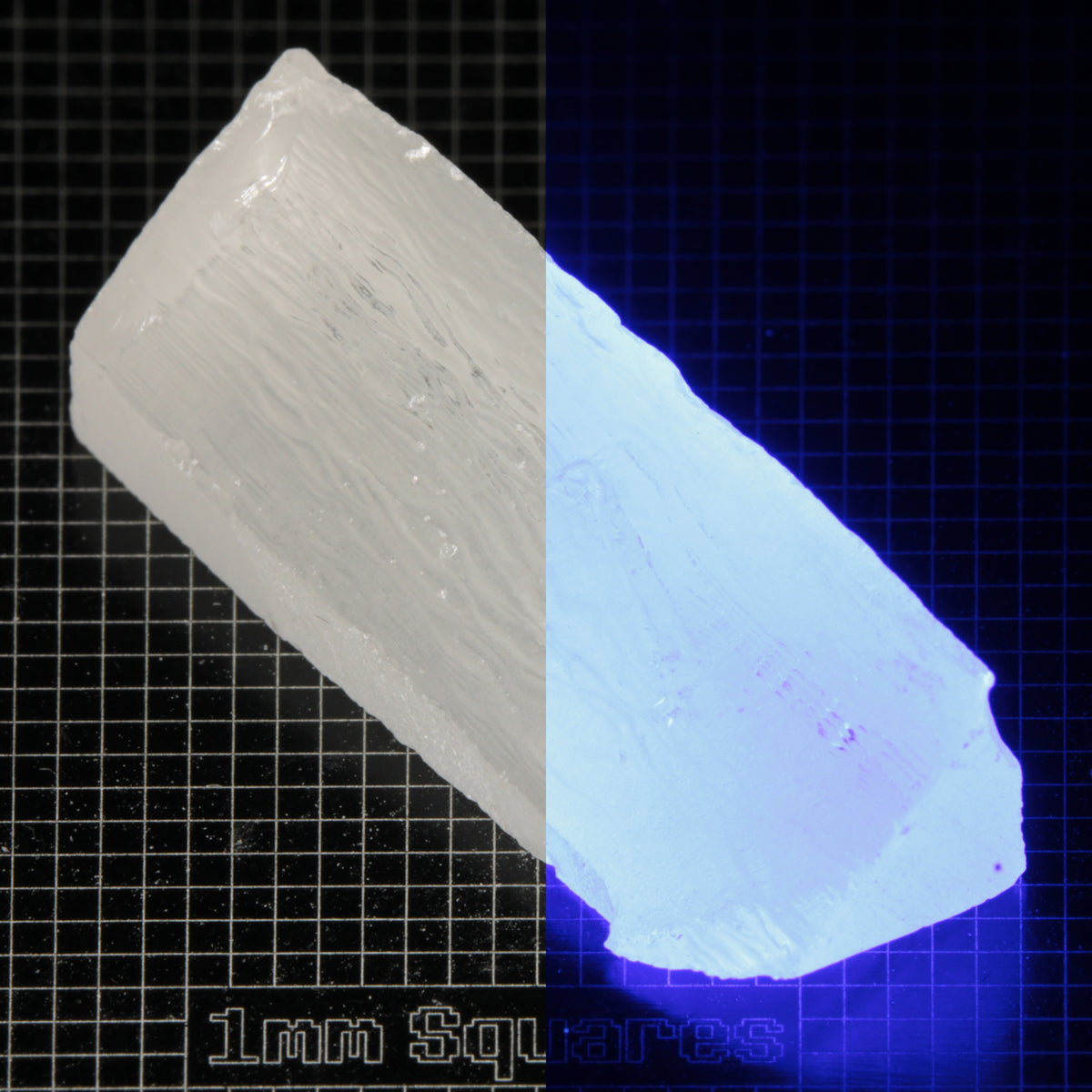 Long Wedge of LSO Gem Rough on a dark background, split between normal light (left) and UV (right) to show blue fluorescent glow.