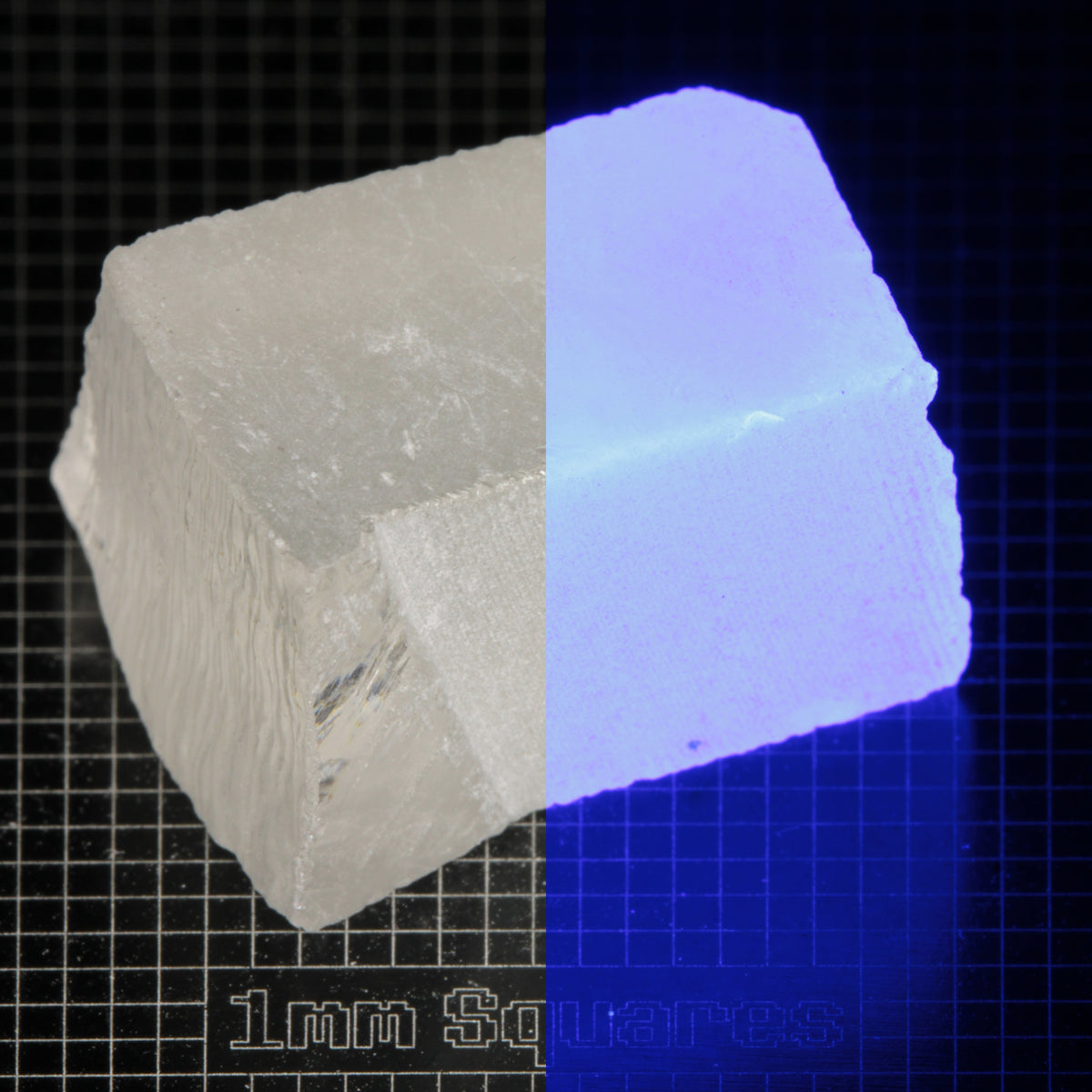 Block of LSO Gem Rough on a dark background, split between normal light (left) and UV (right) to show blue fluorescent glow.