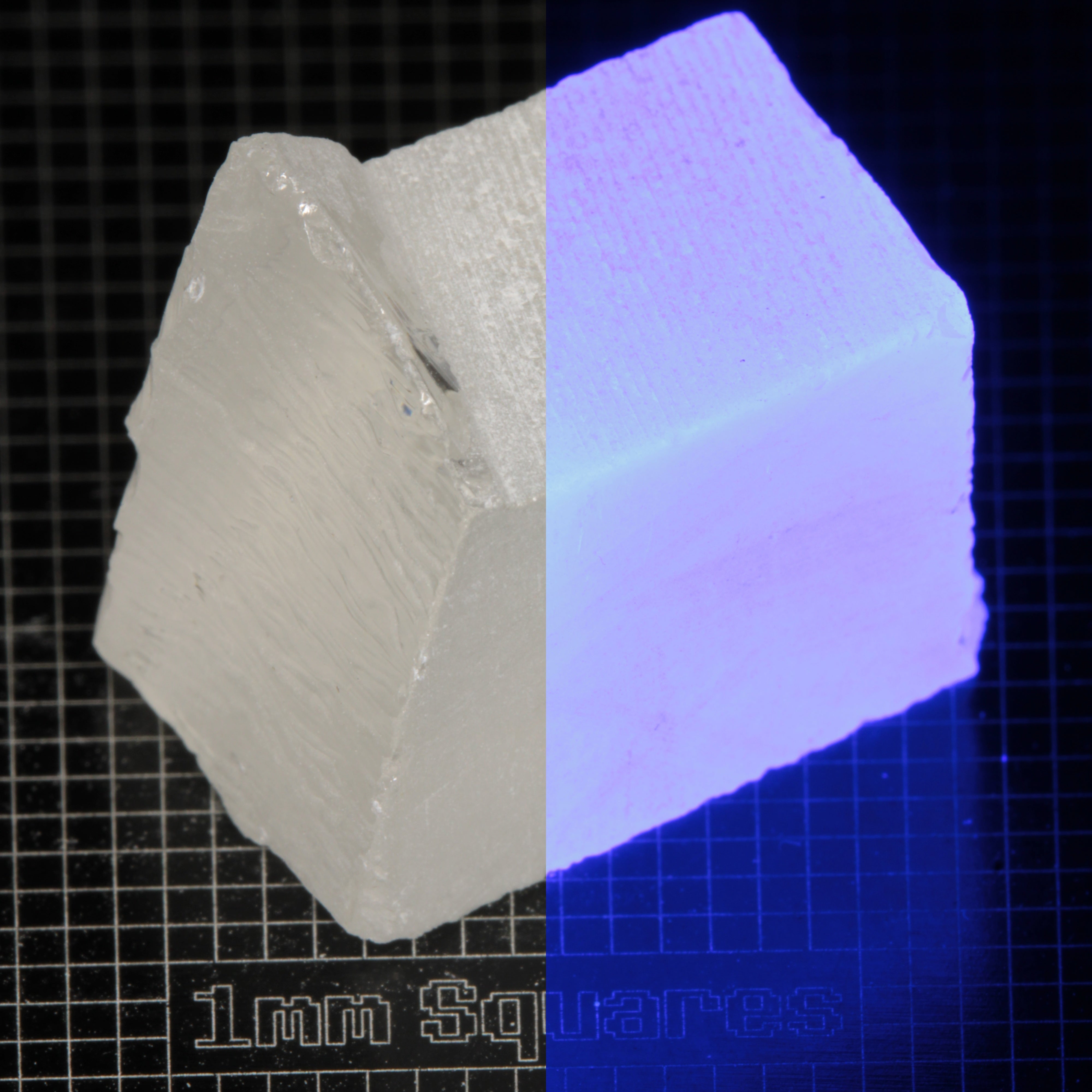 Block of LSO Gem Rough on a dark background, split between normal light (left) and UV (right) to show blue fluorescent glow.