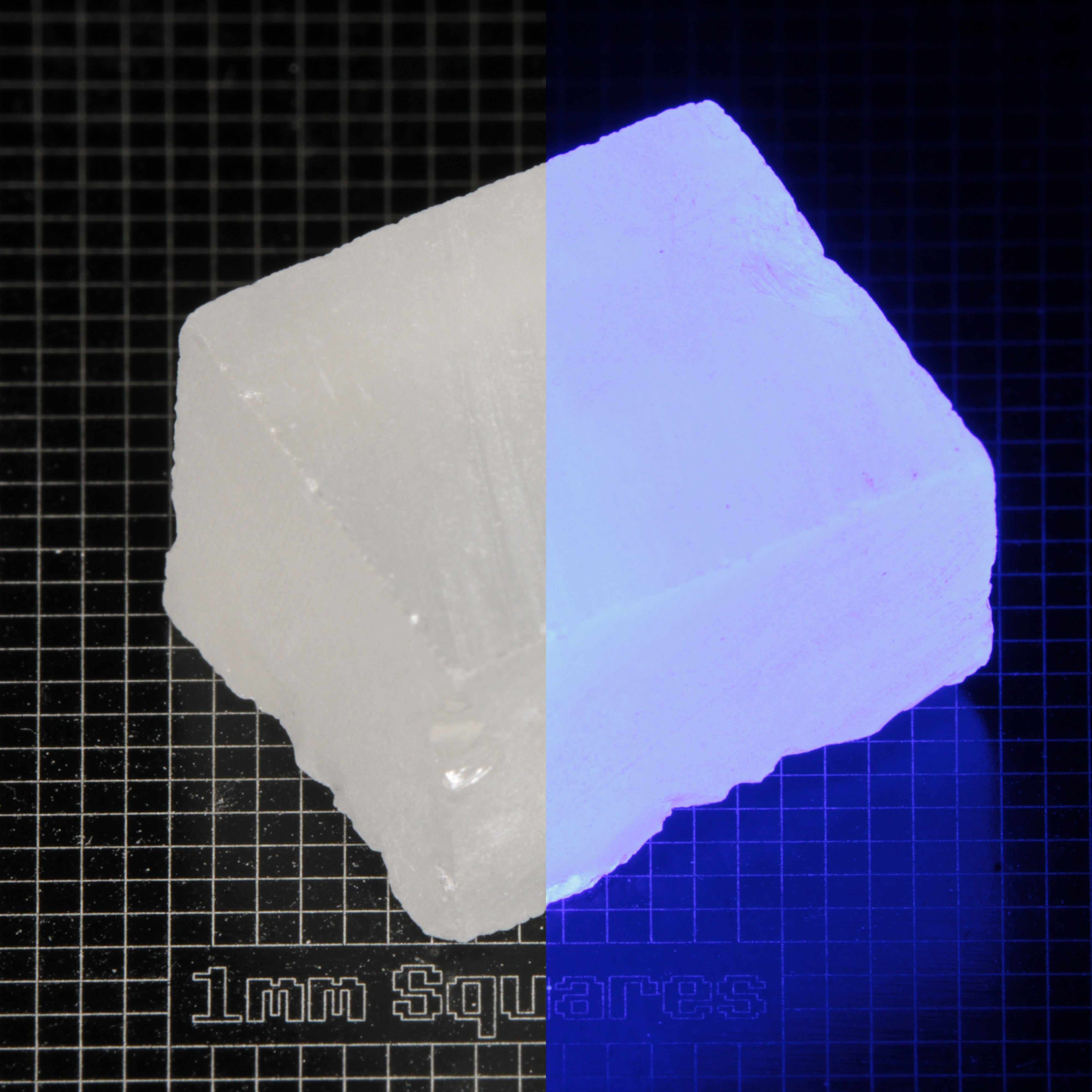 Block of LSO Gem Rough on a dark background, split between normal light (left) and UV (right) to show blue fluorescent glow.