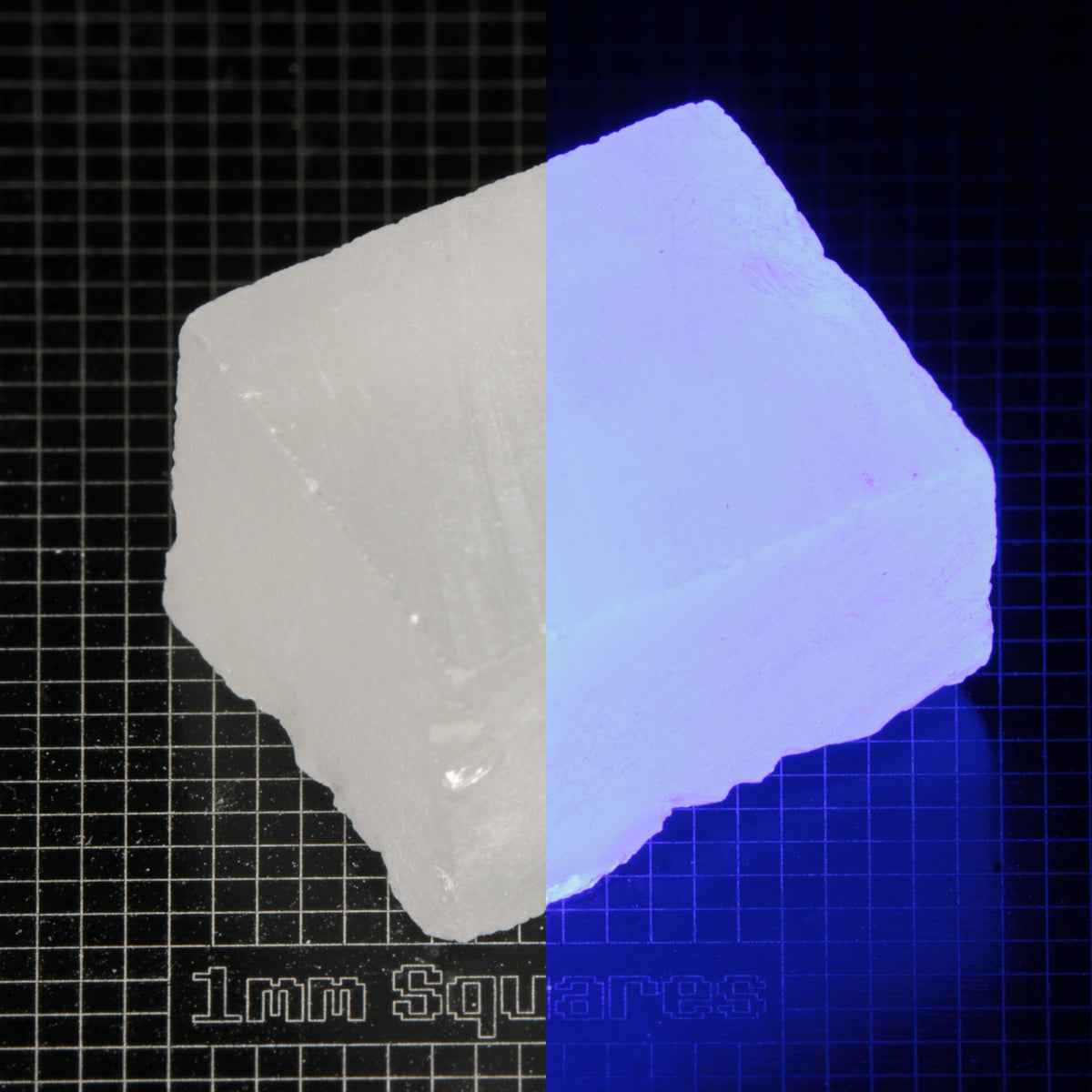 Block of LSO Gem Rough on a dark background, split between normal light (left) and UV (right) to show blue fluorescent glow.