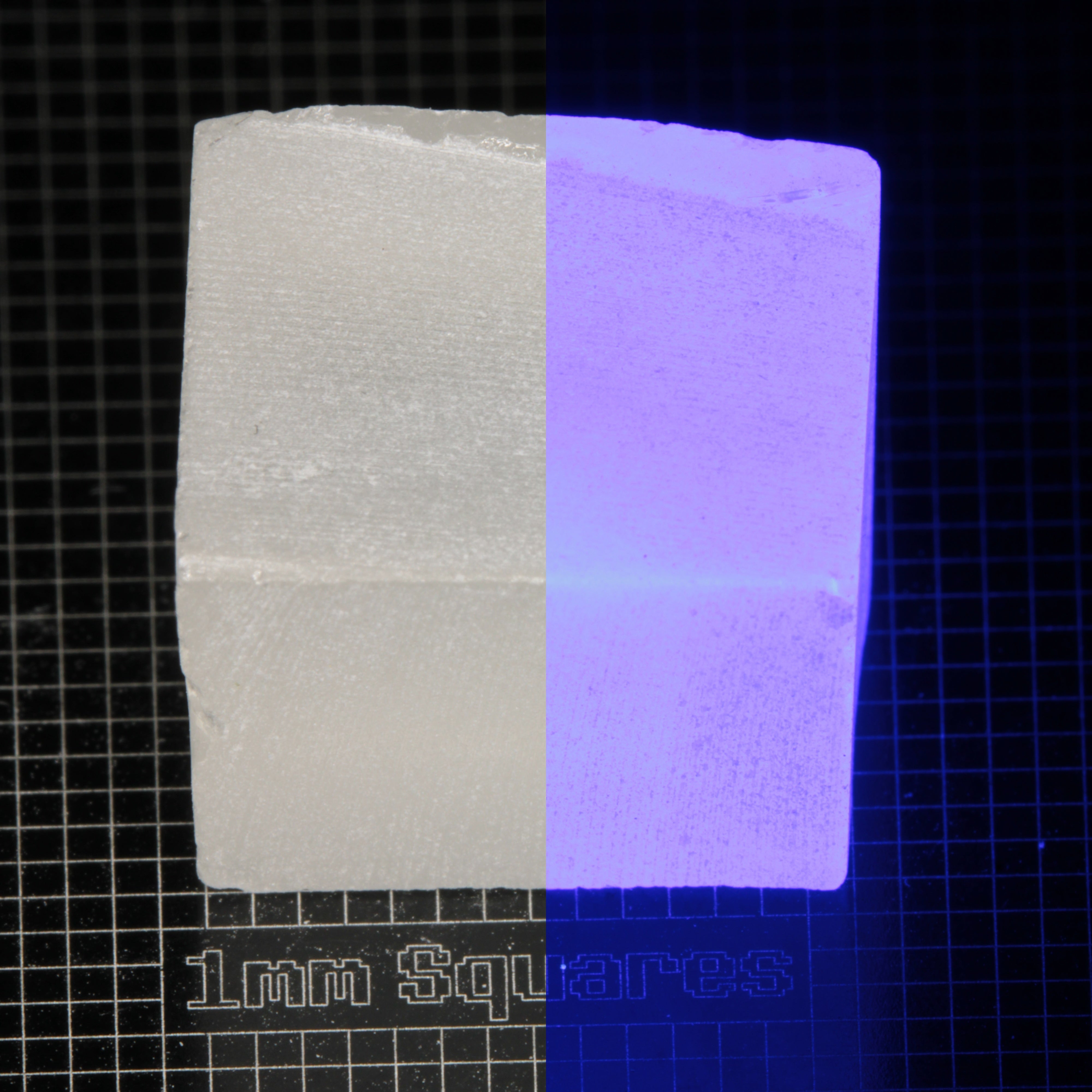 Block of LSO Gem Rough on a dark background, split between normal light (left) and UV (right) to show blue fluorescent glow.