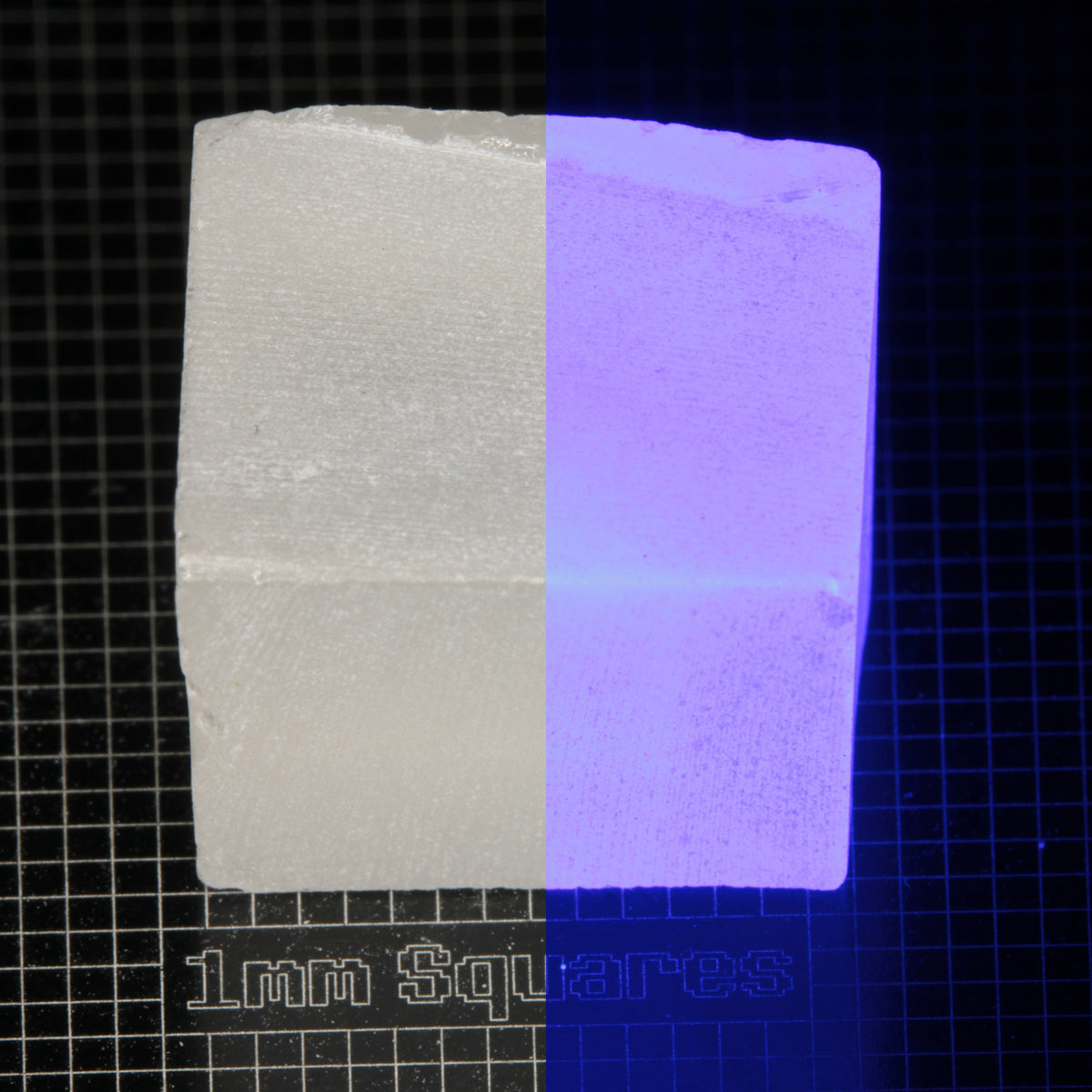 Block of LSO Gem Rough on a dark background, split between normal light (left) and UV (right) to show blue fluorescent glow.