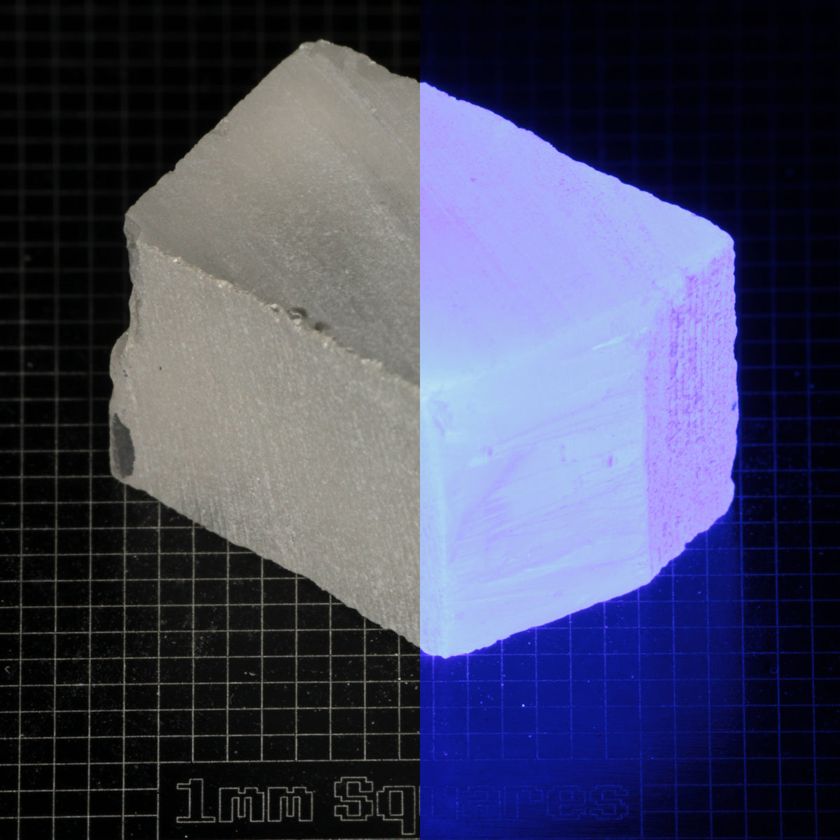 Several pieces of of LSO Gem Rough on a dark background, split between normal light (left) and UV (right) to show blue fluorescent glow.