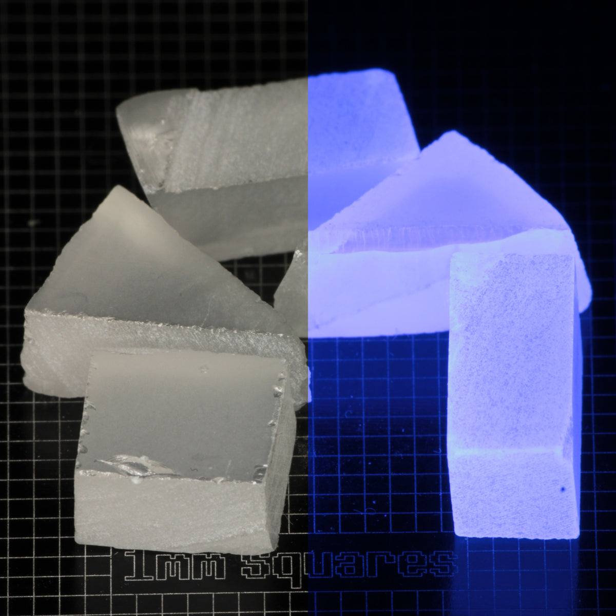 Several pieces of of LSO Gem Rough on a dark background, split between normal light (left) and UV (right) to show blue fluorescent glow.