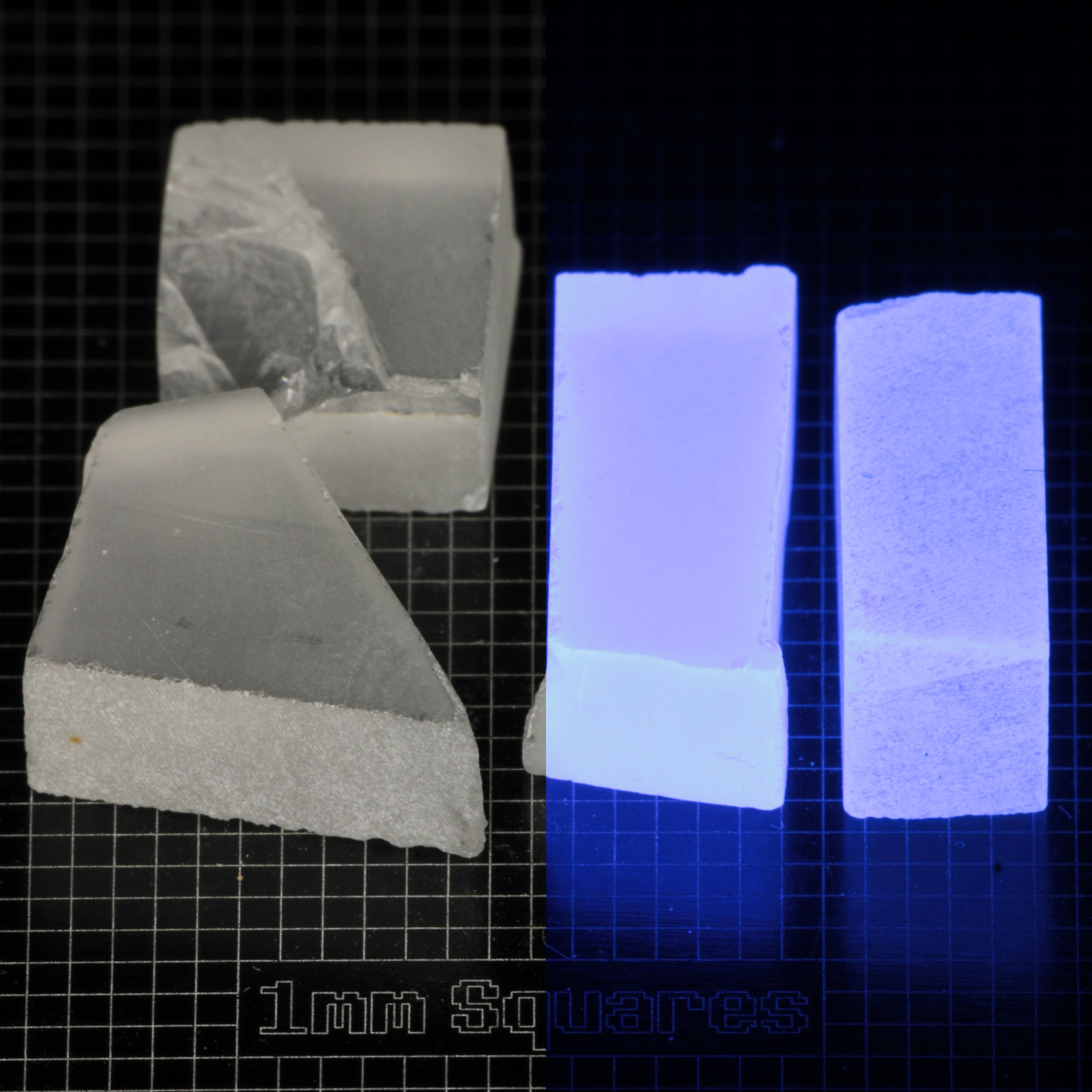 Several pieces of of LSO Gem Rough on a dark background, split between normal light (left) and UV (right) to show blue fluorescent glow.