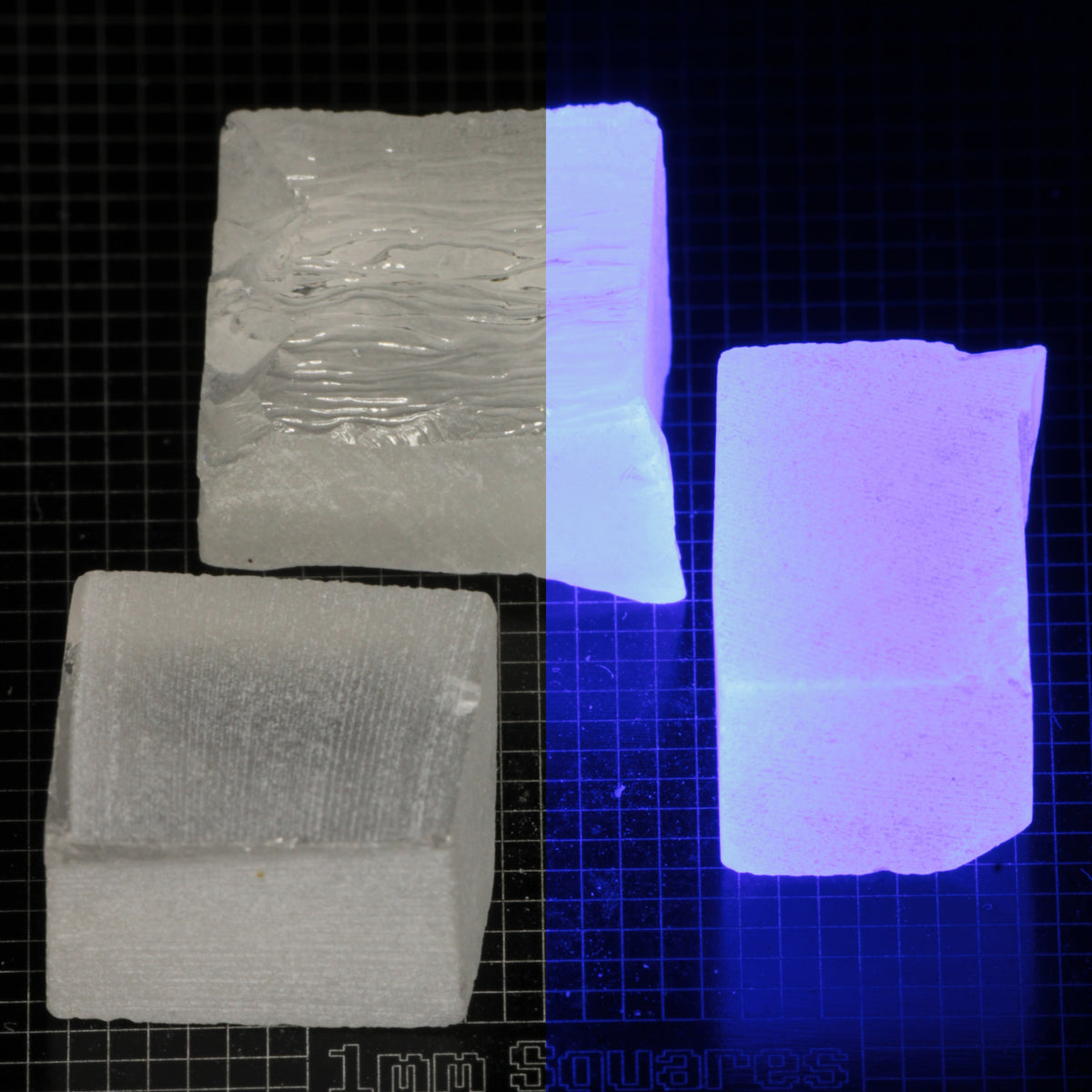 Several pieces of of LSO Gem Rough on a dark background, split between normal light (left) and UV (right) to show blue fluorescent glow.