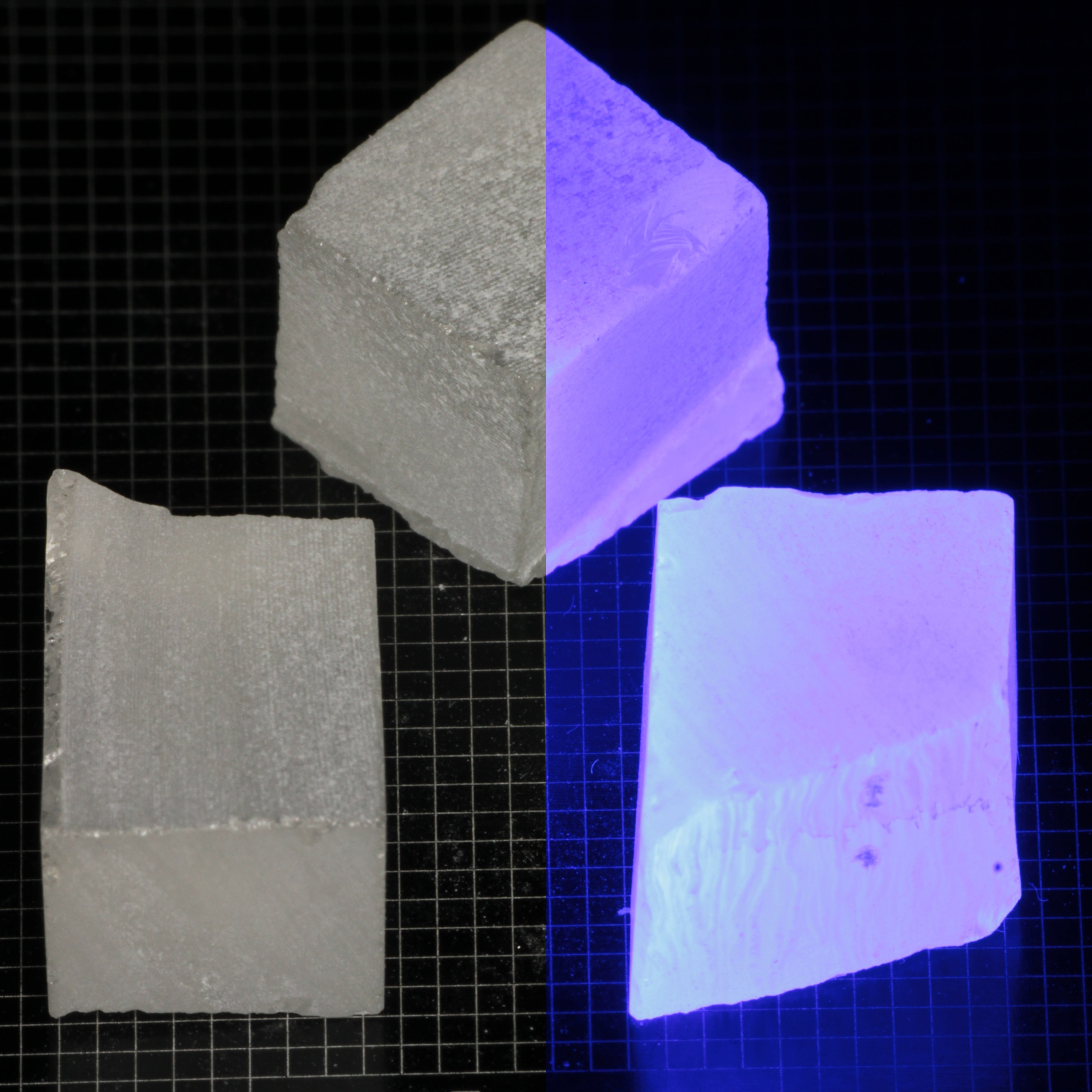 Several pieces of of LSO Gem Rough on a dark background, split between normal light (left) and UV (right) to show blue fluorescent glow.