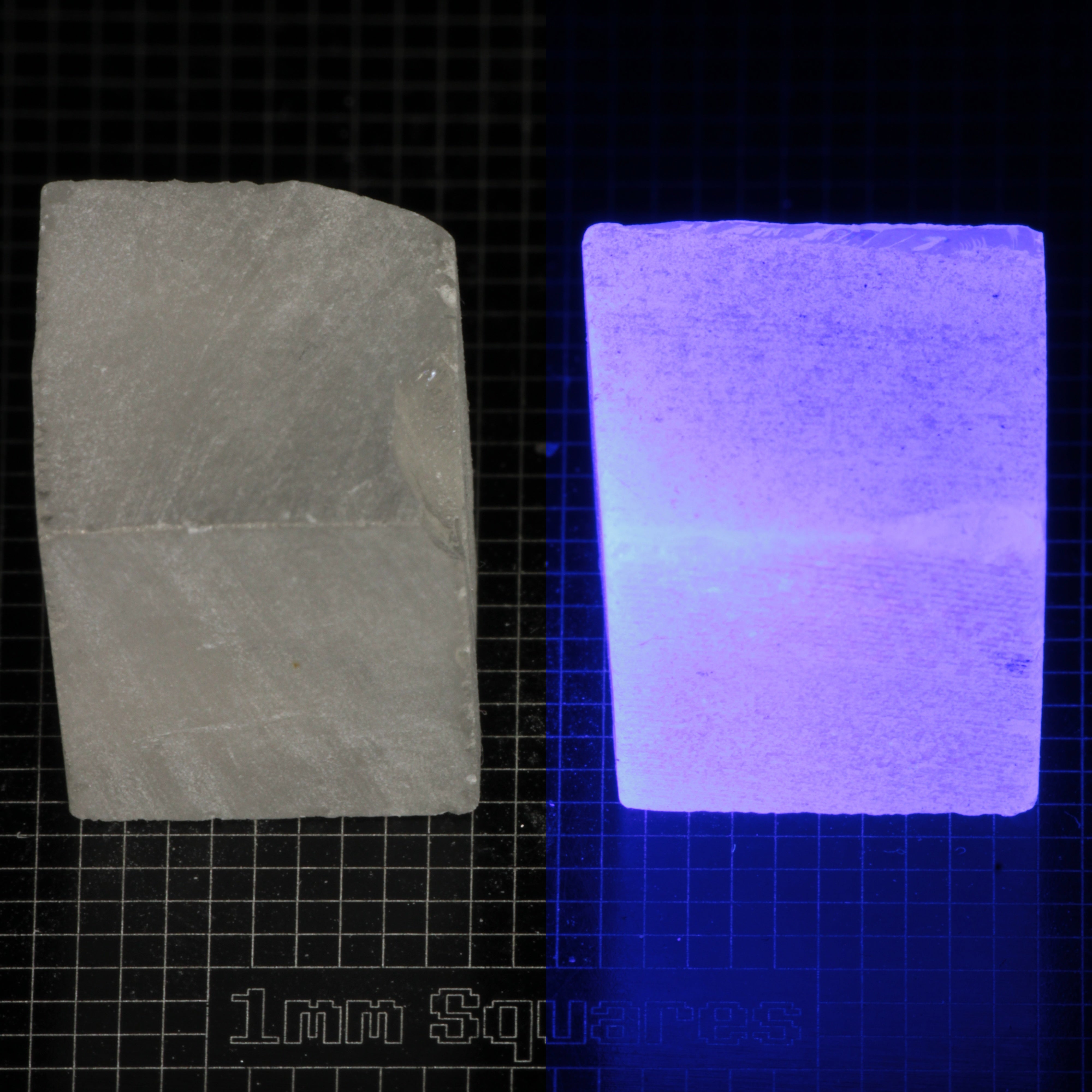 Several pieces of of LSO Gem Rough on a dark background, split between normal light (left) and UV (right) to show blue fluorescent glow.