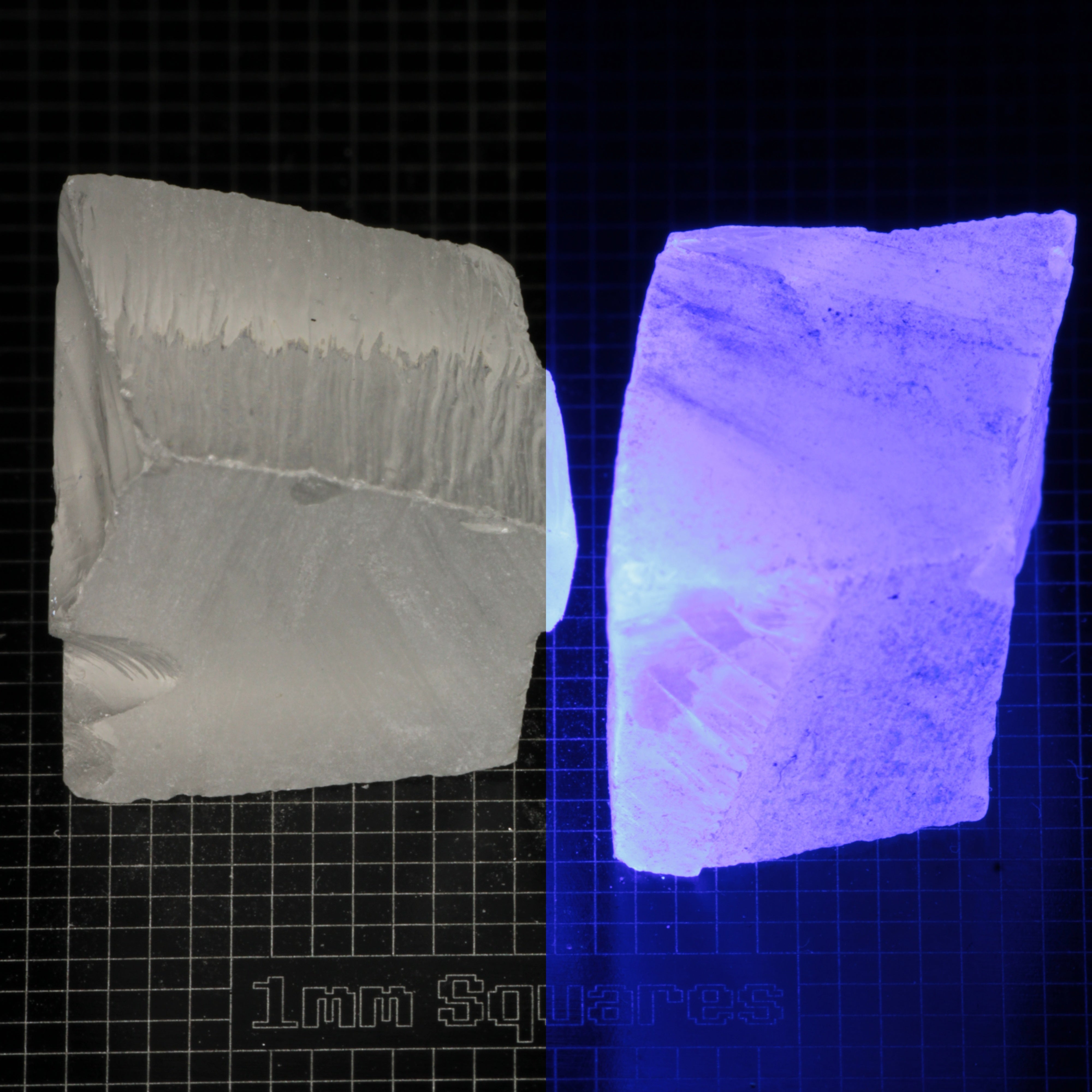 Several pieces of of LSO Gem Rough on a dark background, split between normal light (left) and UV (right) to show blue fluorescent glow.