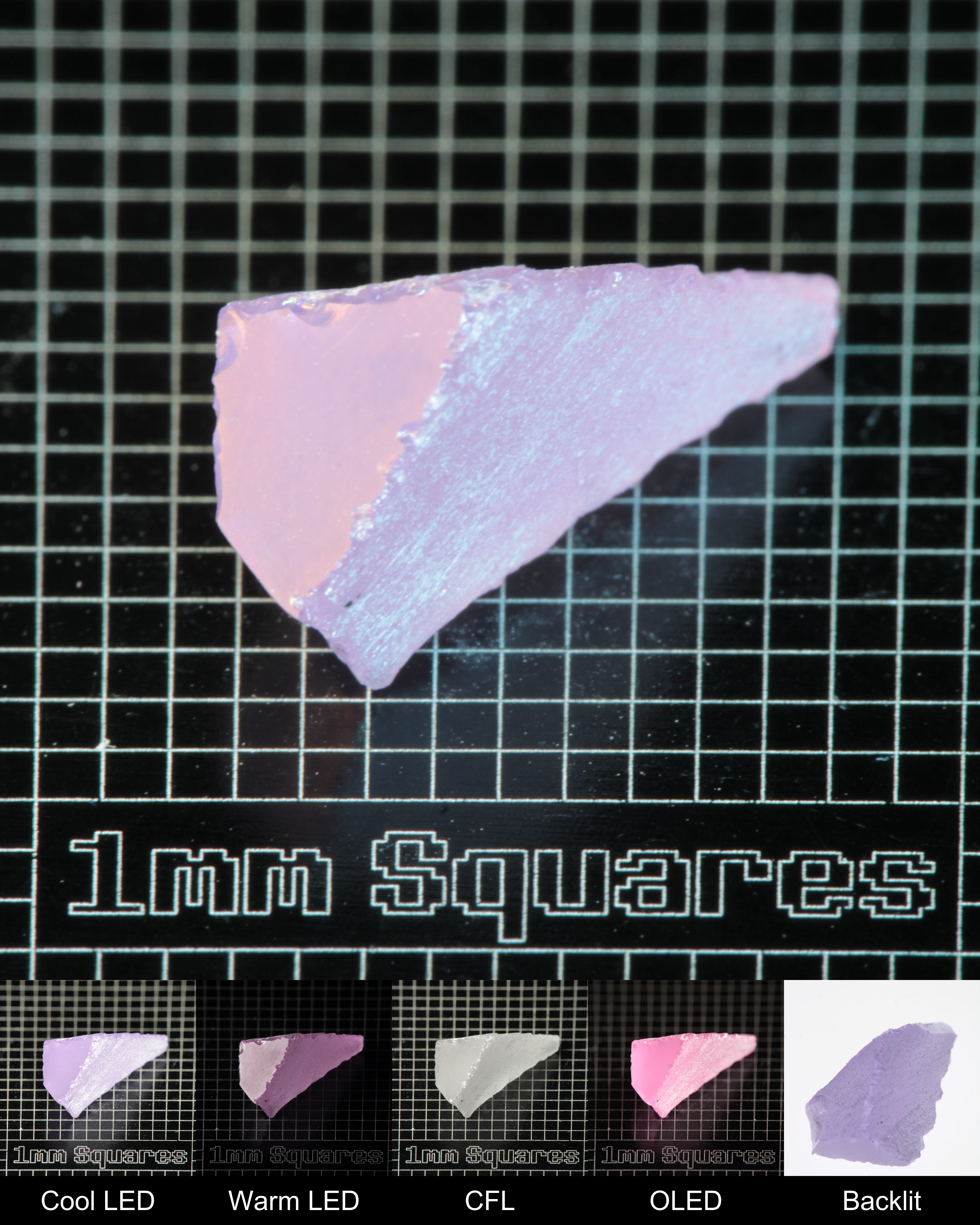 Nd:GGG Wedge Gem Rough Under Multiple Lights Showing the Color Change