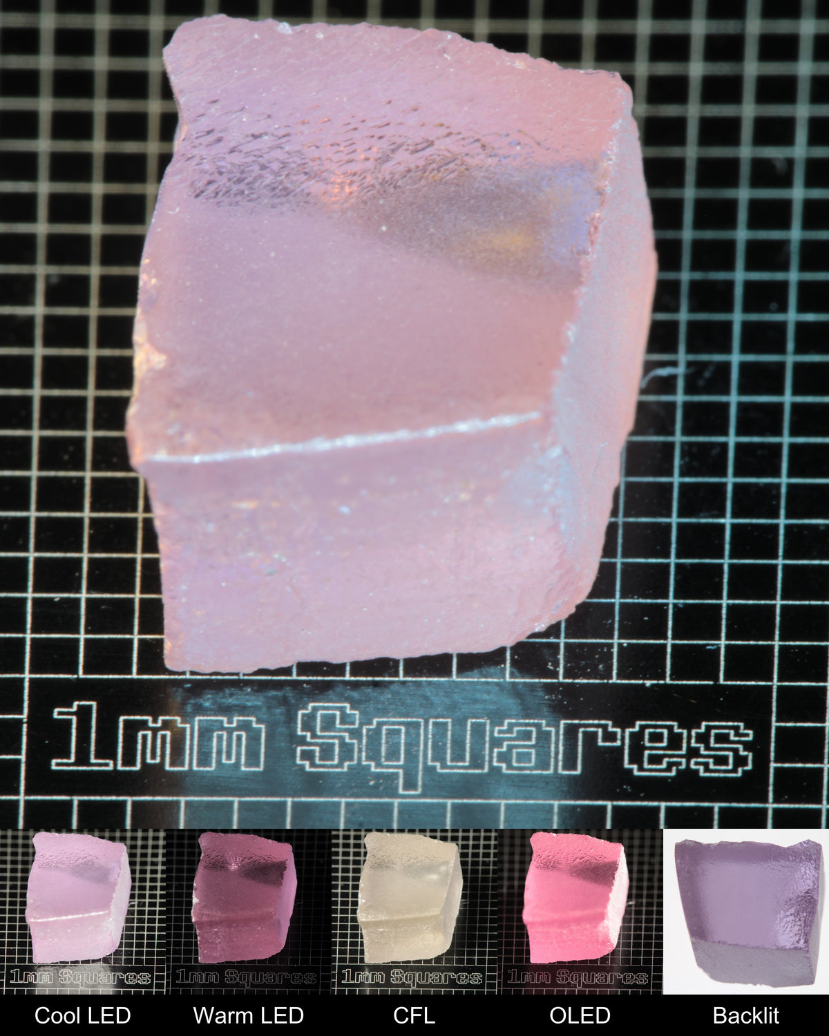 Nd:GGG Block Gem Rough Under Multiple Lights Showing the Color Change