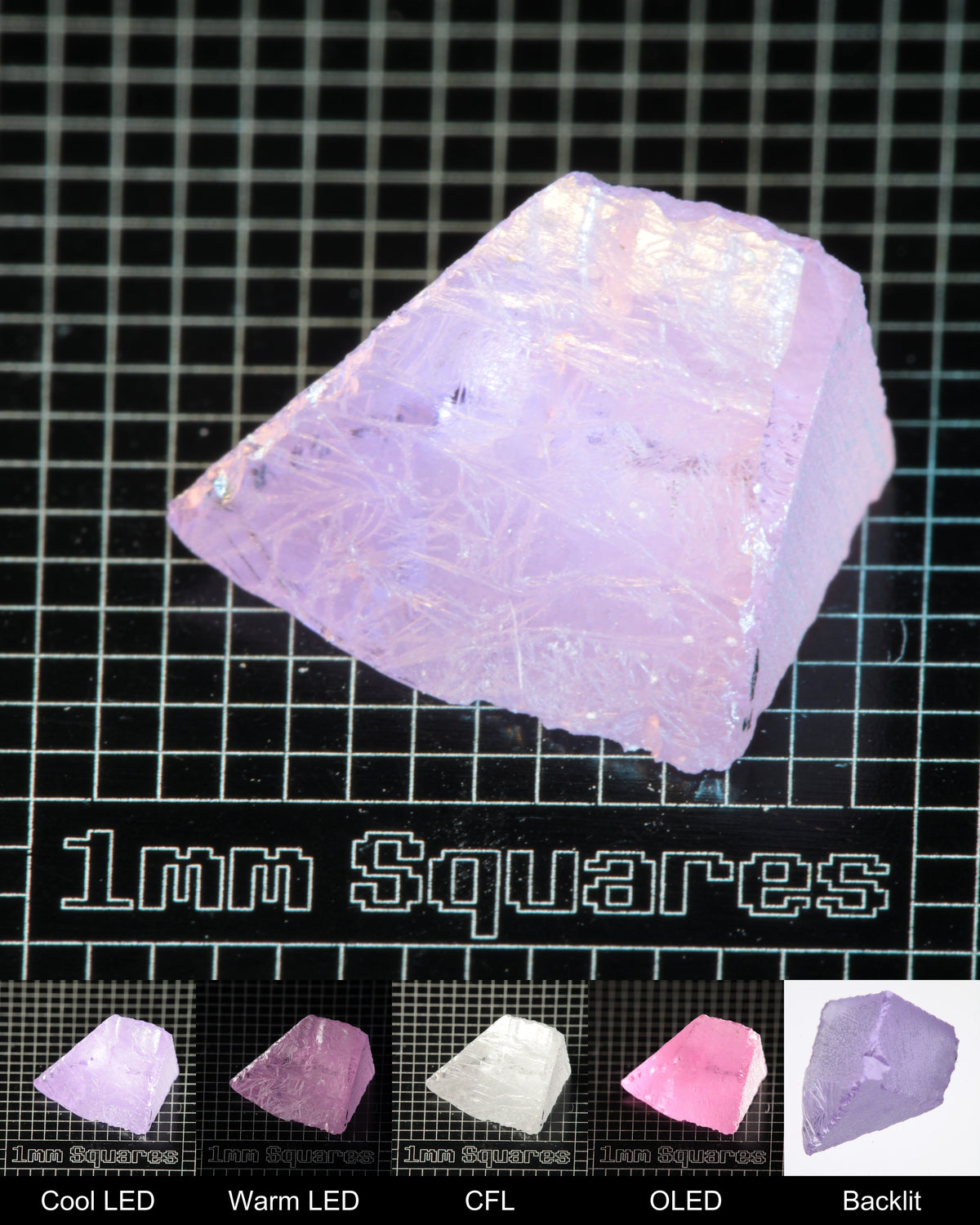 Nd:GGG Wedge Gem Rough Under Multiple Lights Showing the Color Change