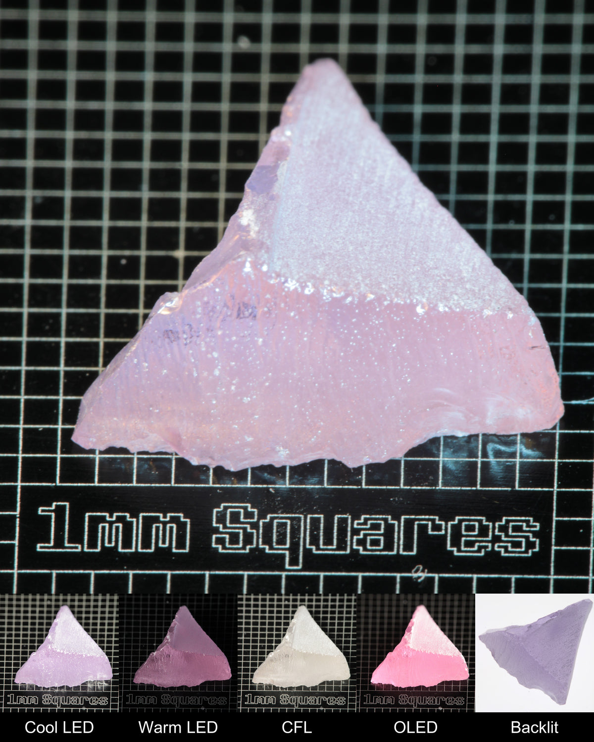 Nd:GGG Flat Rectangle Gem Rough Under Multiple Lights Showing the Color Change