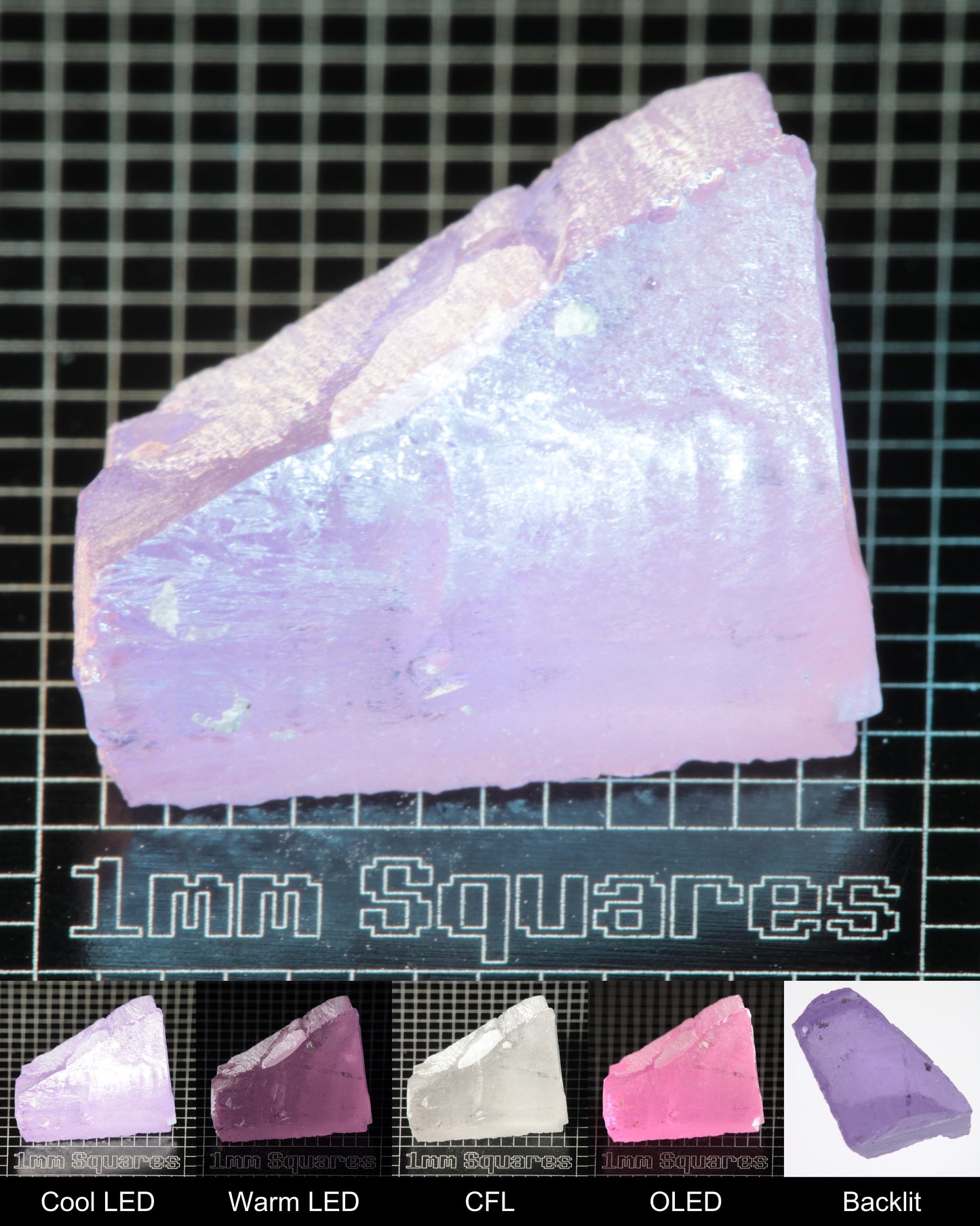 Nd:GGG Edge Gem Rough Under Multiple Lights Showing the Color Change