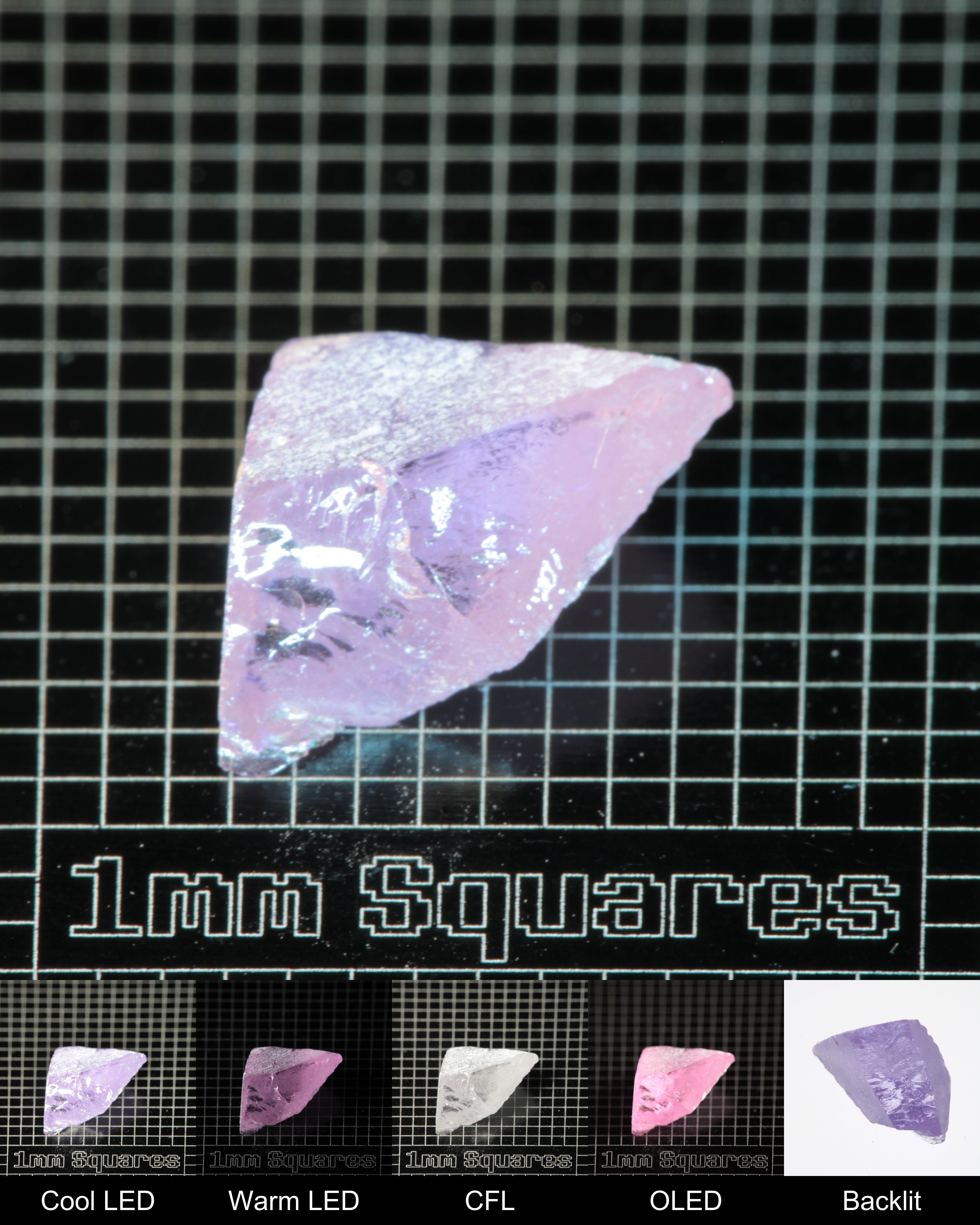 Nd:GGG Chunk Gem Rough Under Multiple Lights Showing the Color Change