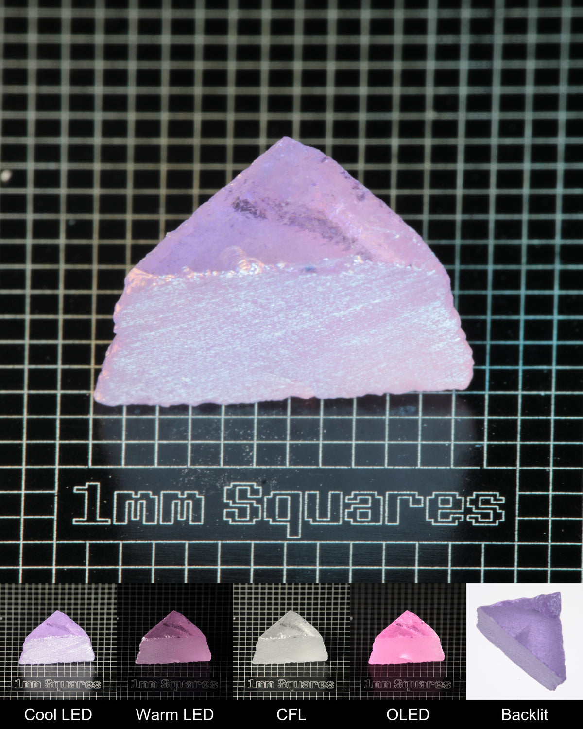 Nd:GGG Triangular Wedge Gem Rough Under Multiple Lights Showing the Color Change