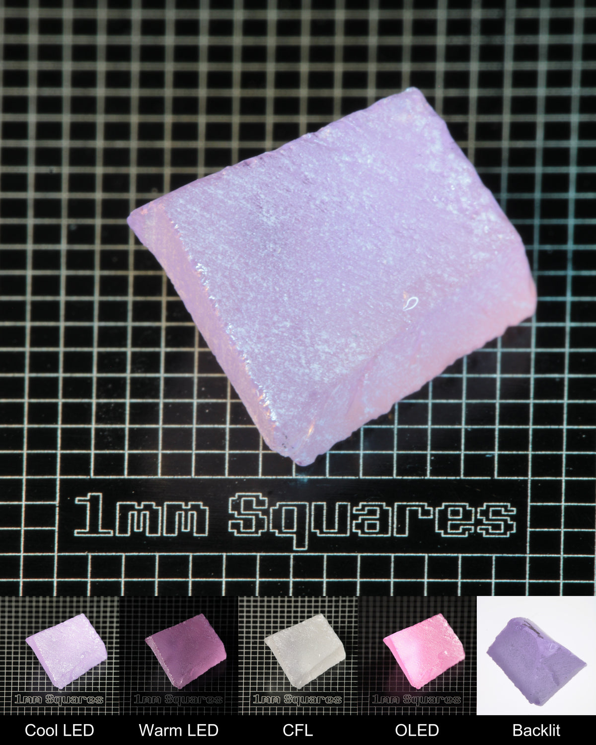 Nd:GGG Triangular Wedge Gem Rough Under Multiple Lights Showing the Color Change