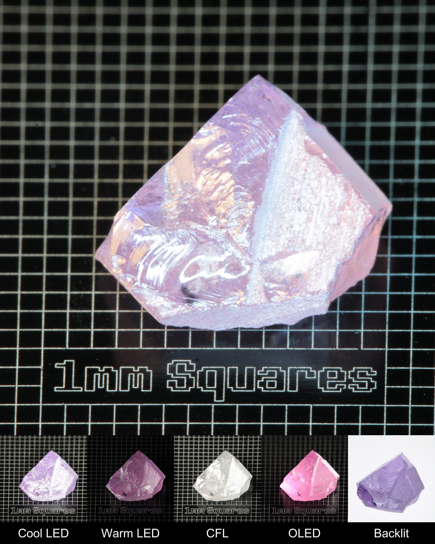 Nd:GGG Chunk Gem Rough Under Multiple Lights Showing the Color Change