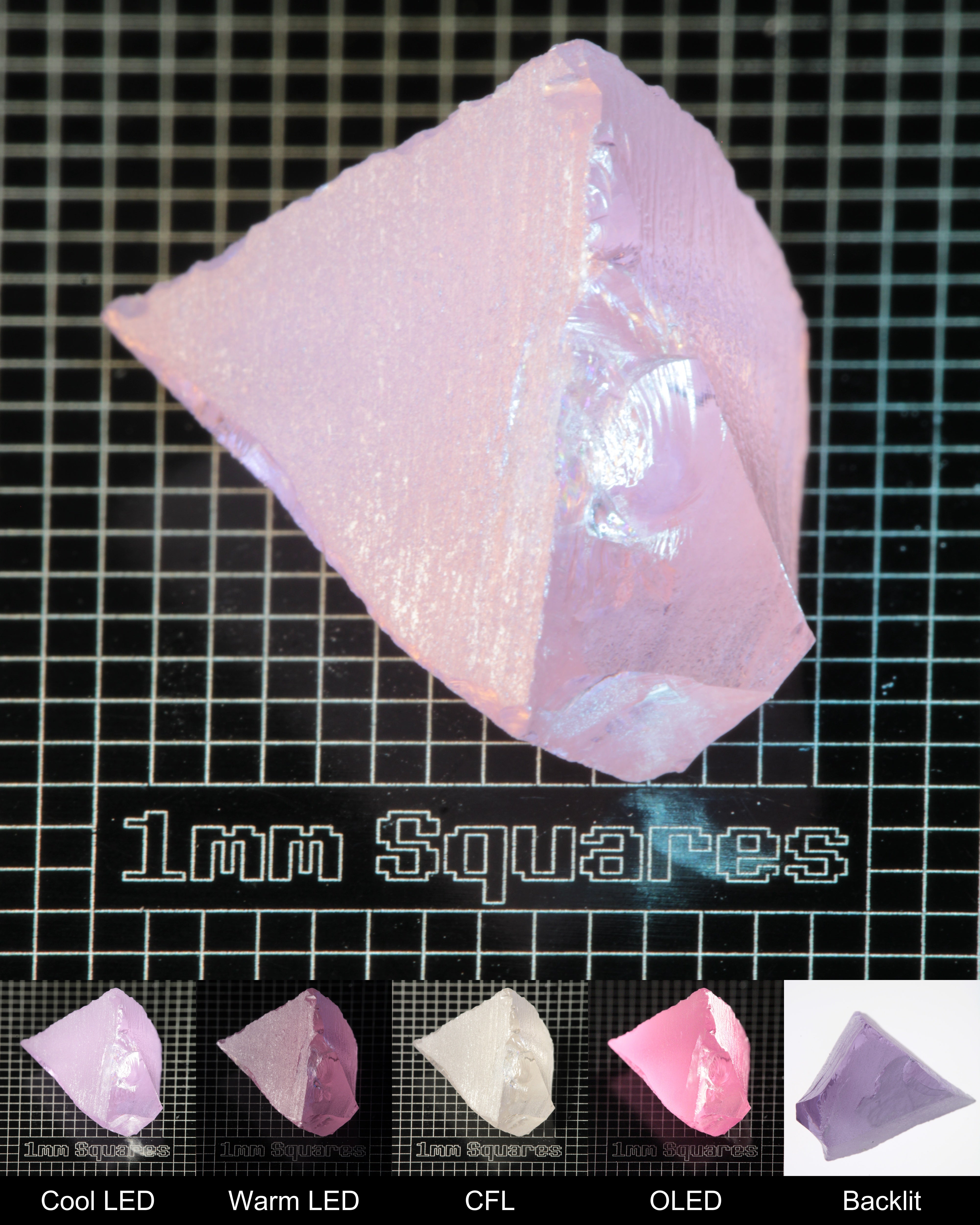 Nd:GGG Corner (edge damage) Gem Rough Under Multiple Lights Showing the Color Change
