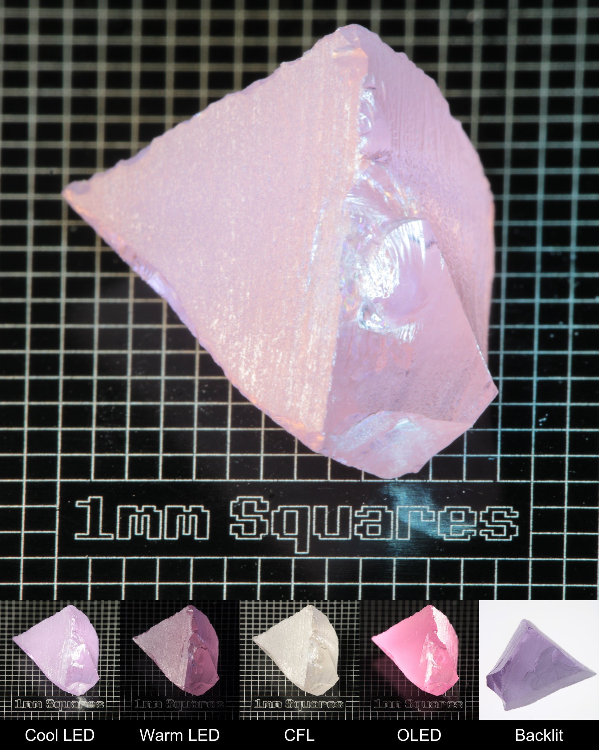 Nd:GGG Corner (edge damage) Gem Rough Under Multiple Lights Showing the Color Change