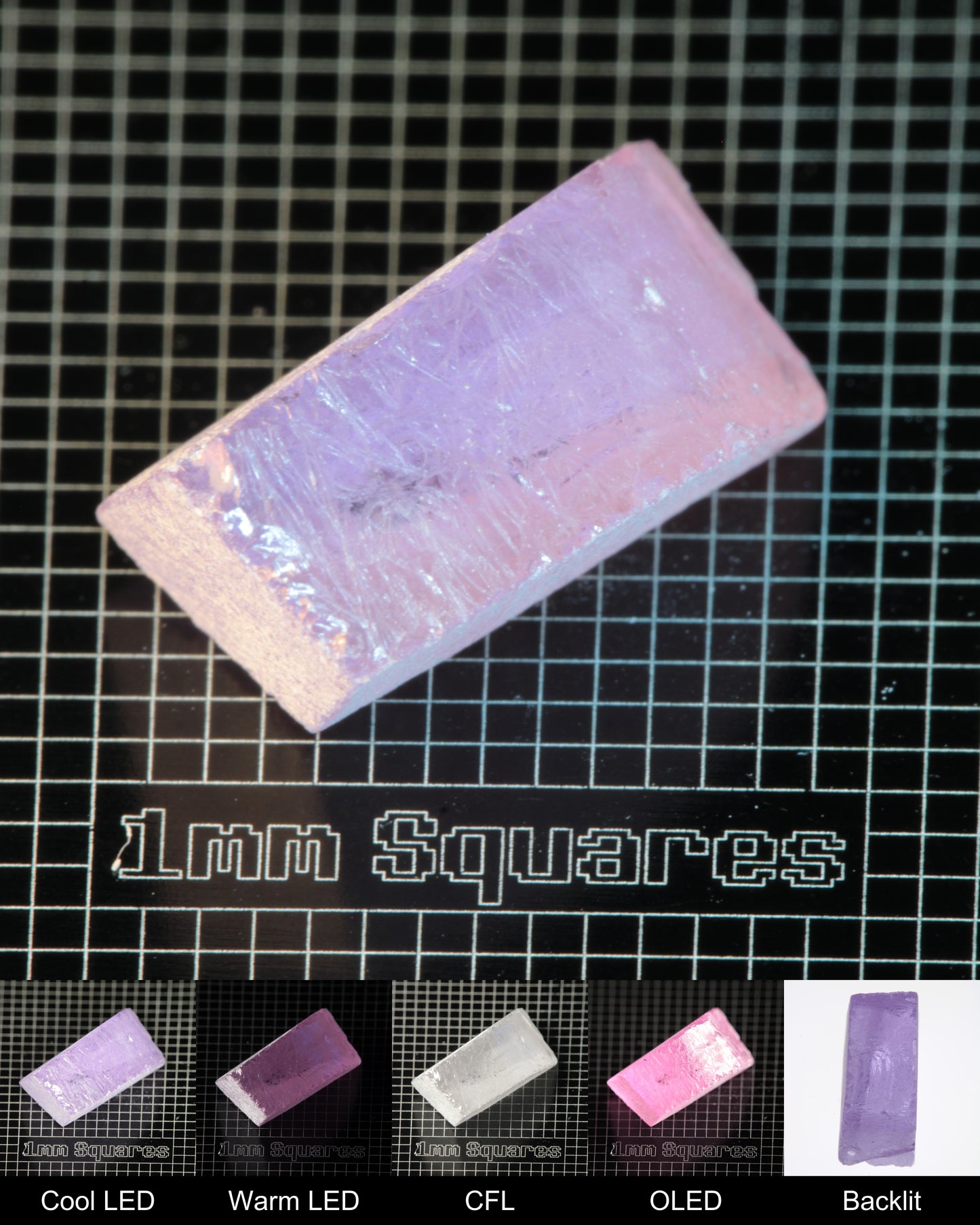 Nd:GGG Edge Gem Rough Under Multiple Lights Showing the Color Change
