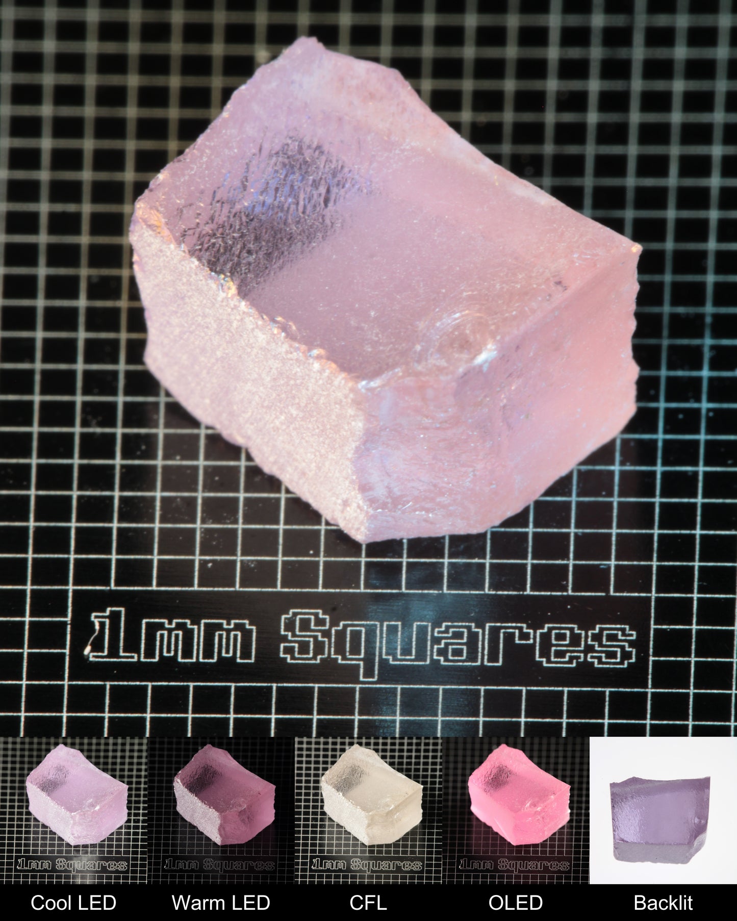 Nd:GGG Block Gem Rough Under Multiple Lights Showing the Color Change