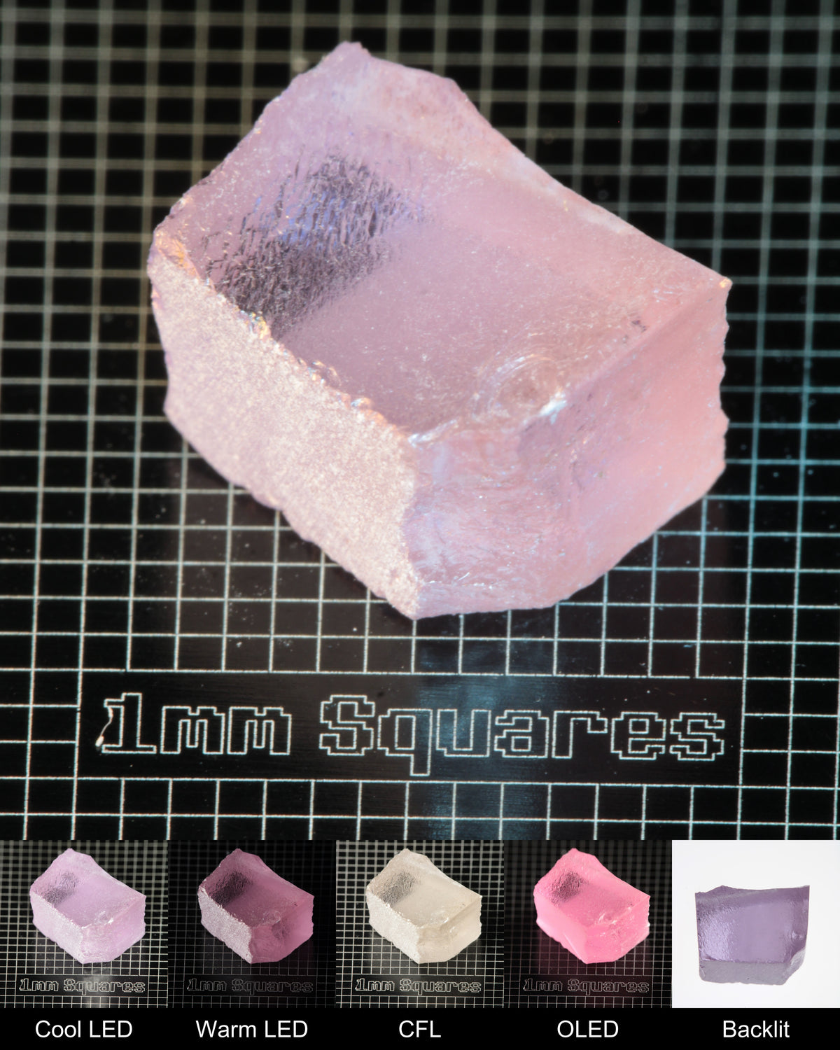 Nd:GGG Block Gem Rough Under Multiple Lights Showing the Color Change