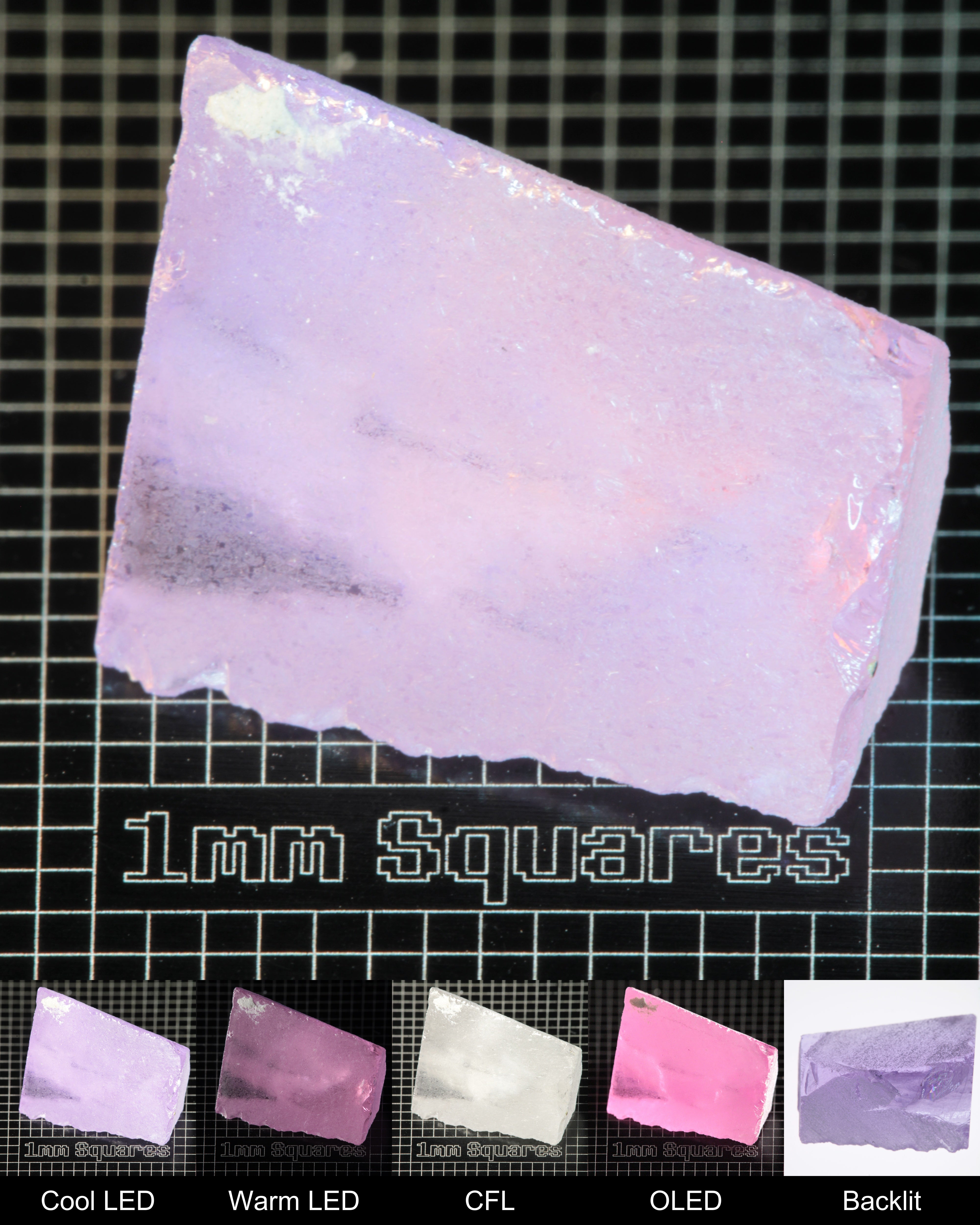 Nd:GGG Triangular Wedge Gem Rough Under Multiple Lights Showing the Color Change