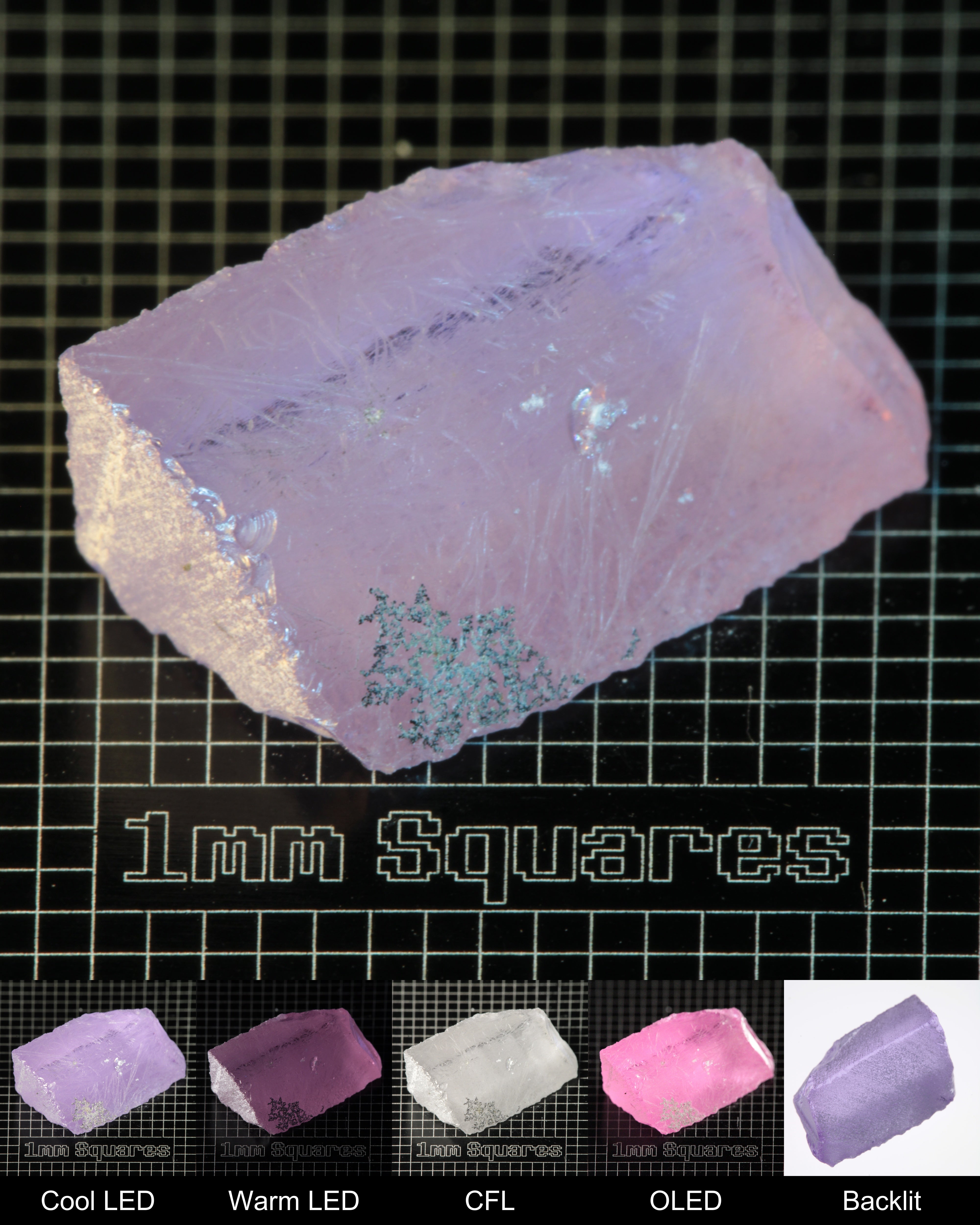 Nd:GGG Edge Segment Gem Rough Under Multiple Lights Showing the Color Change