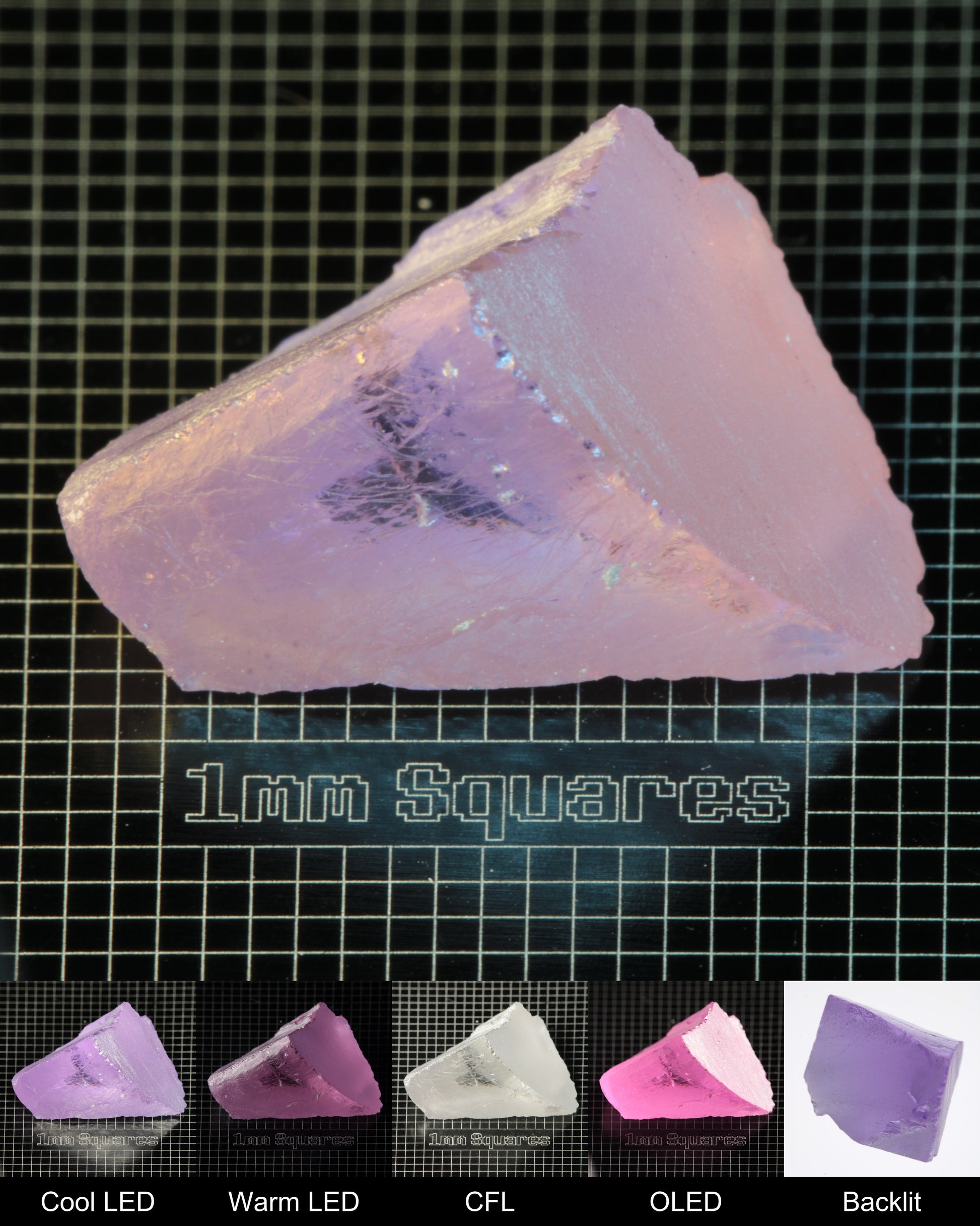 Nd:GGG Angled Block Gem Rough Under Multiple Lights Showing the Color Change
