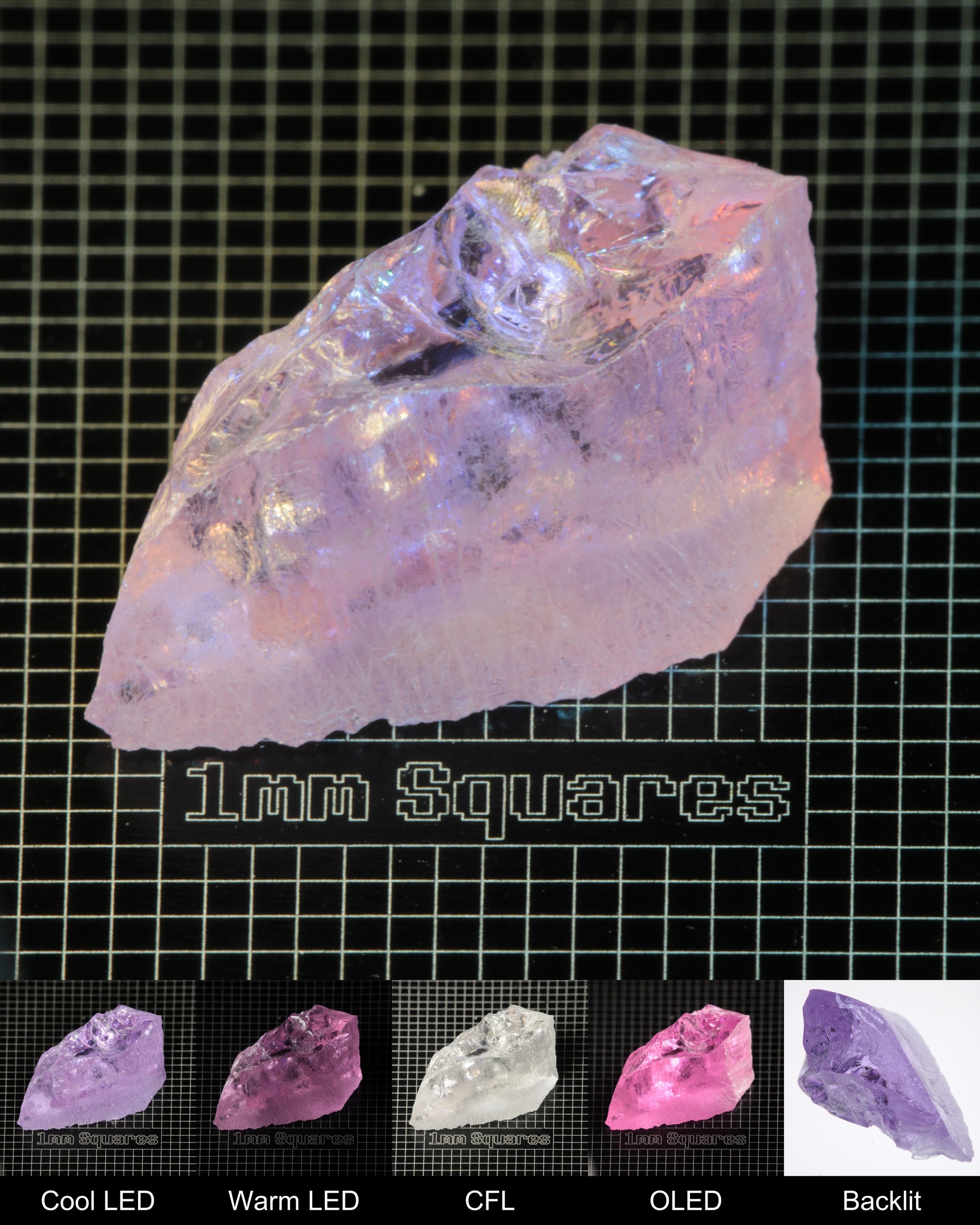 Nd:GGG Chunk Gem Rough Under Multiple Lights Showing the Color Change