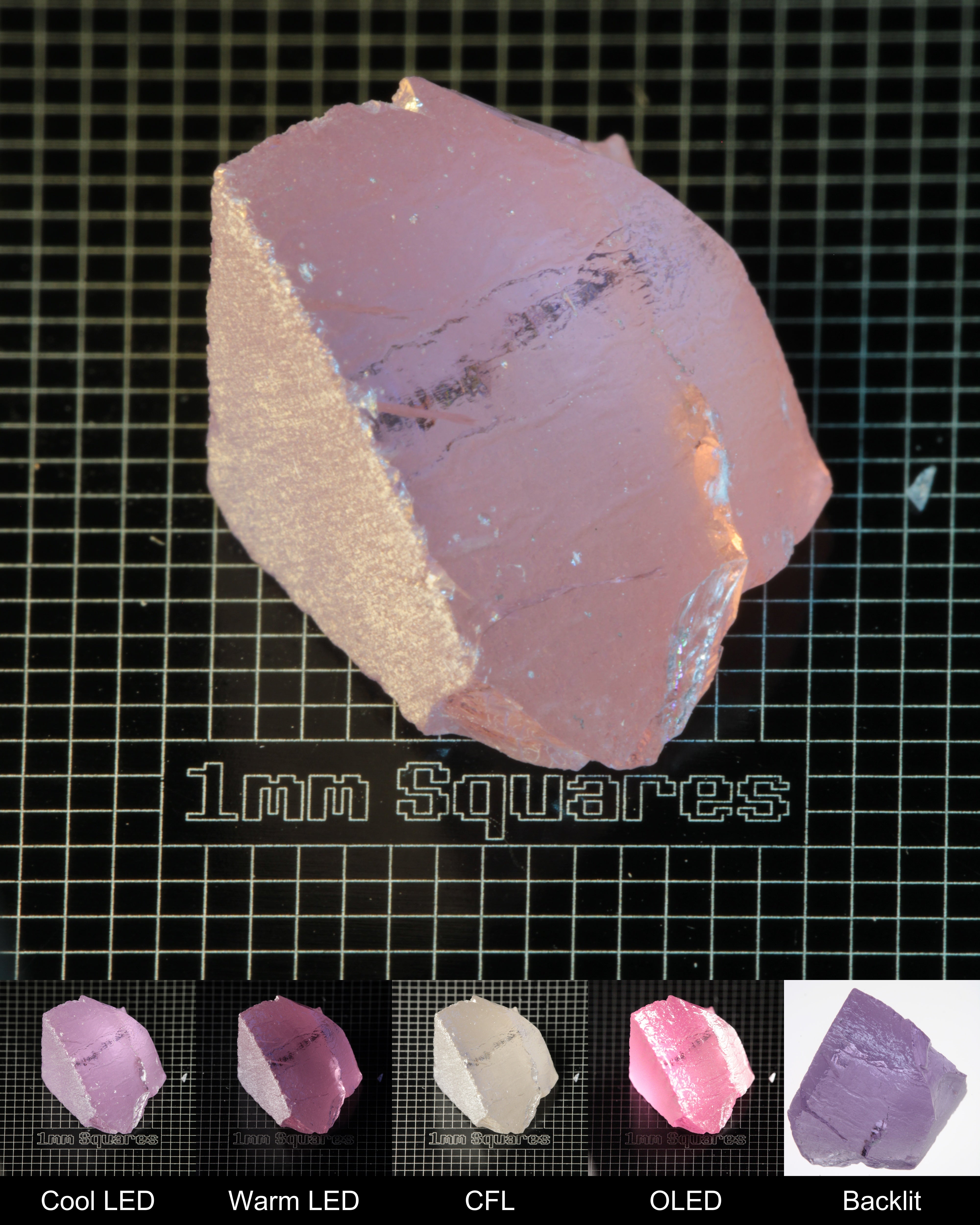 Nd:GGG Corner (Edge Damage) Gem Rough Under Multiple Lights Showing the Color Change
